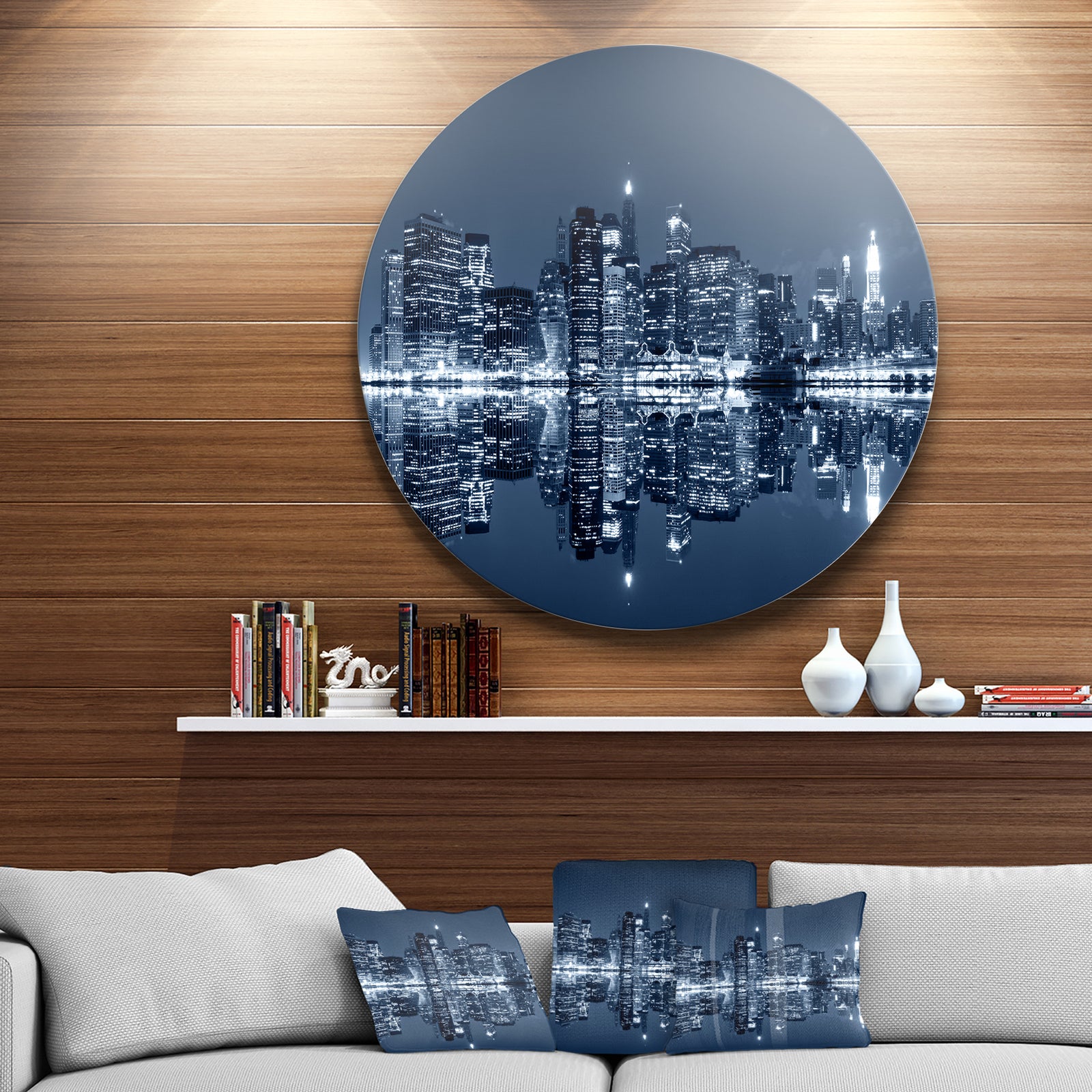 Manhattan Night Reflection - Cityscape Round Wall Art