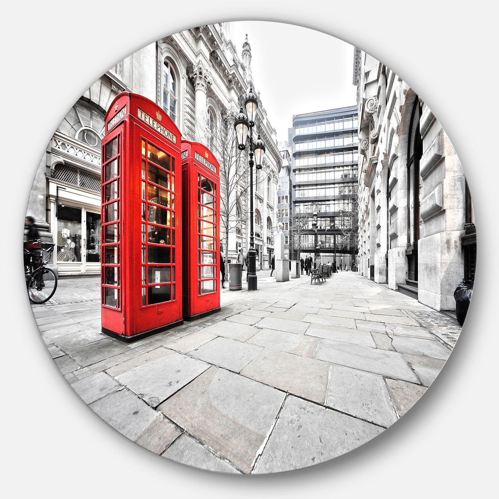 Phone Booths on Street - Cityscape Circle Wall Art