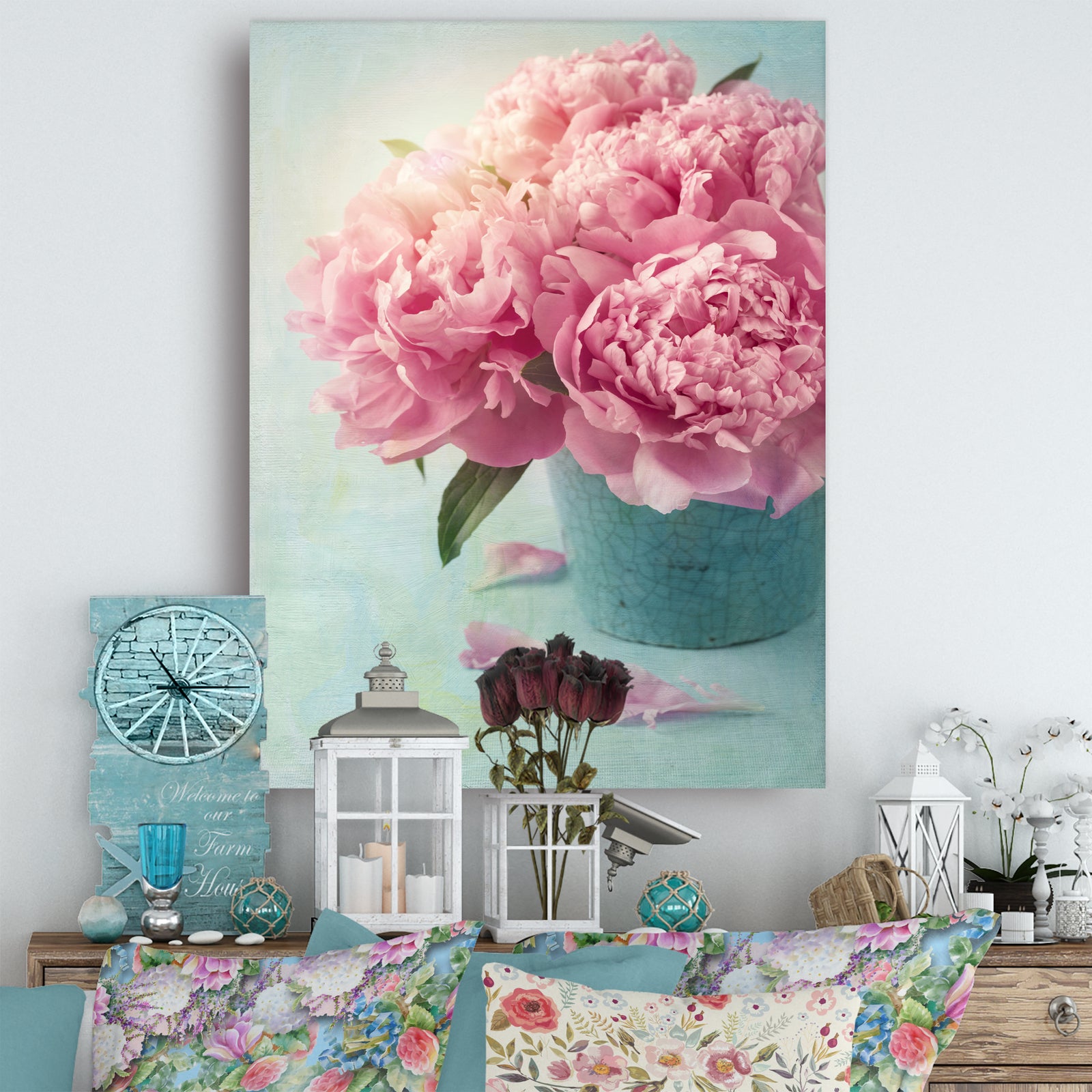 Pink Peony Flowers in Vase - Large Floral Wall Art Canvas