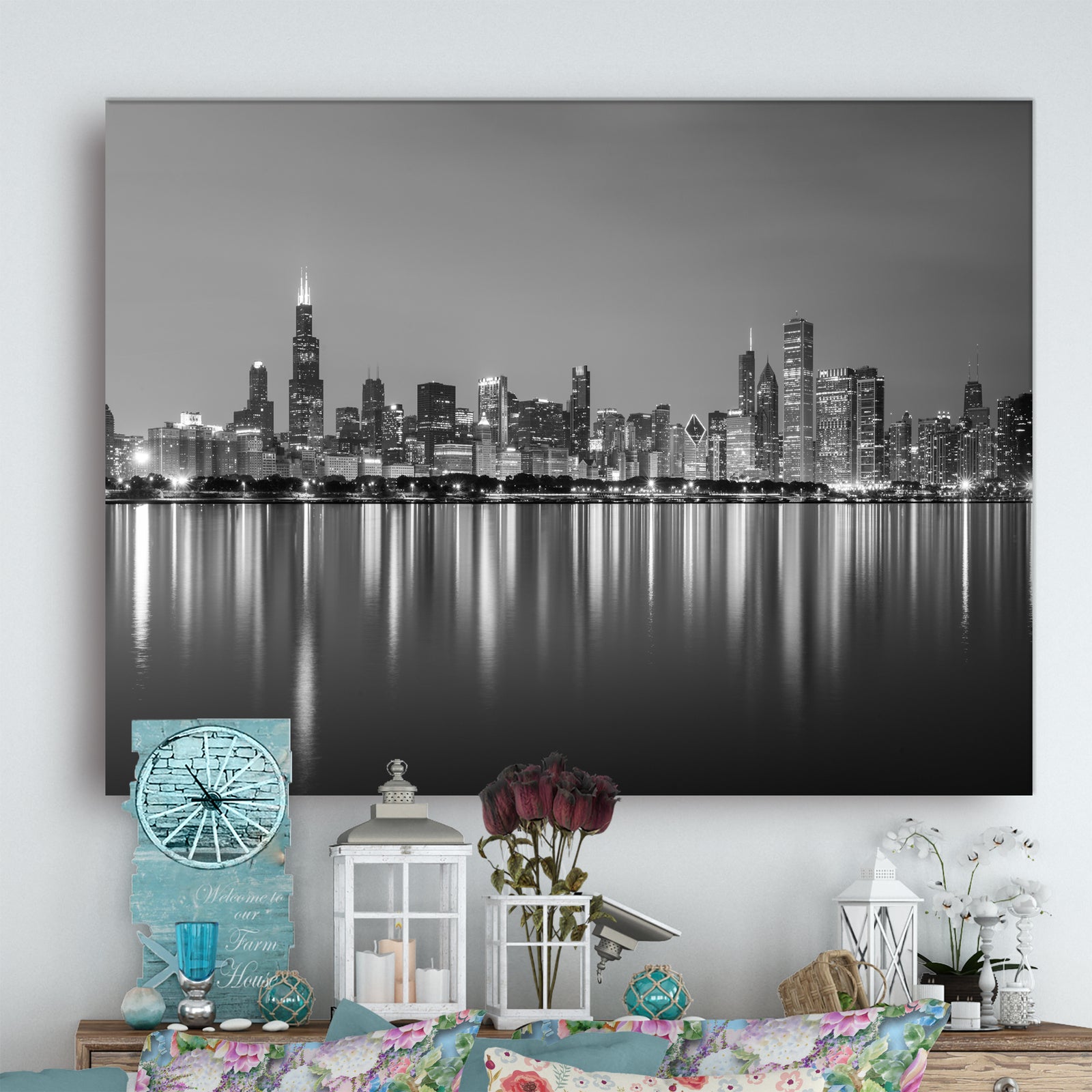 Carbon Loft 'Chicago Skyline at Night - Black and White Cityscape Canvas Print