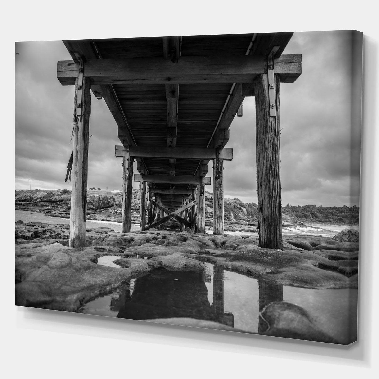 Black and White Large Wooden Bridge - Sea Bridge Canvas Wall Artwork