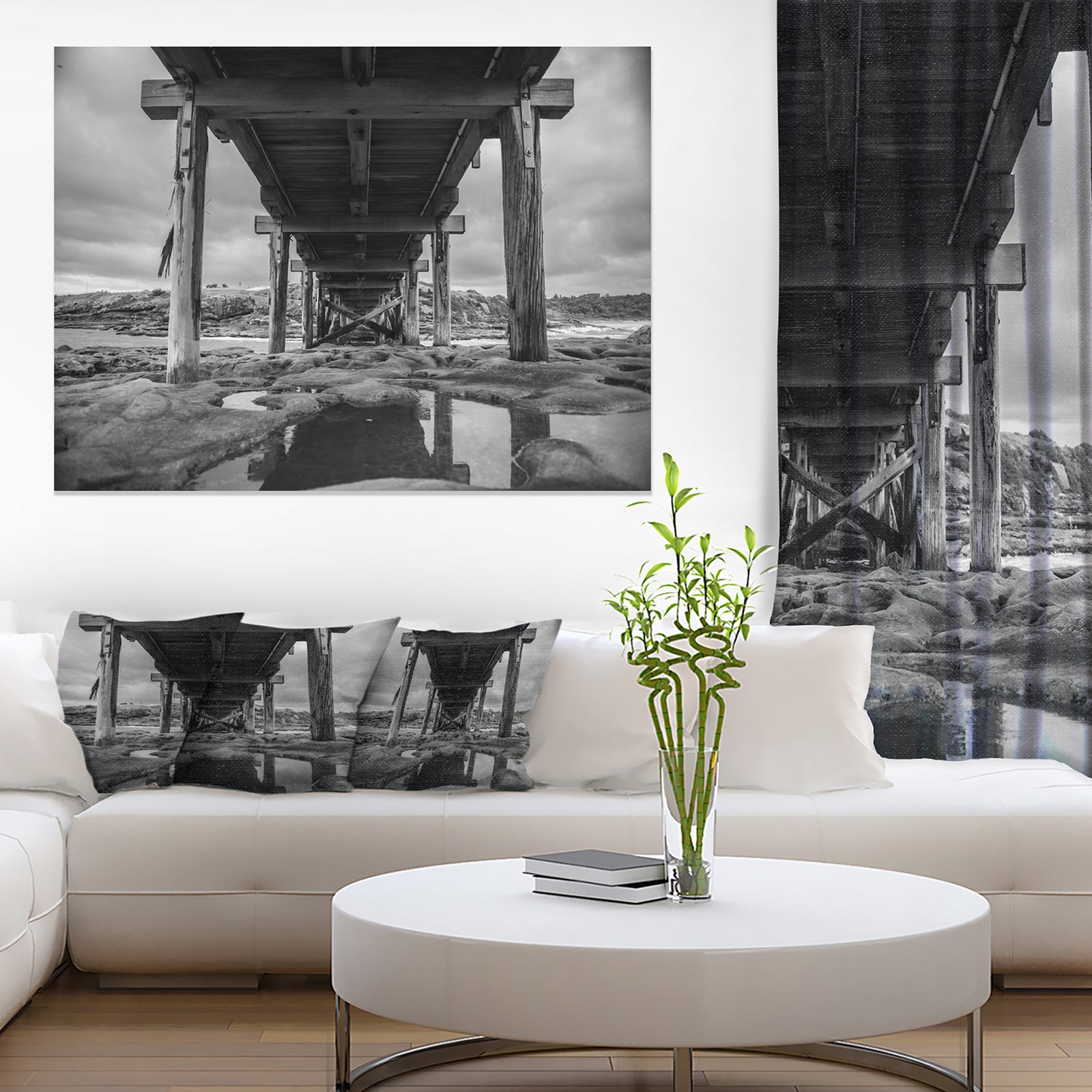 Black and White Large Wooden Bridge - Sea Bridge Canvas Wall Artwork