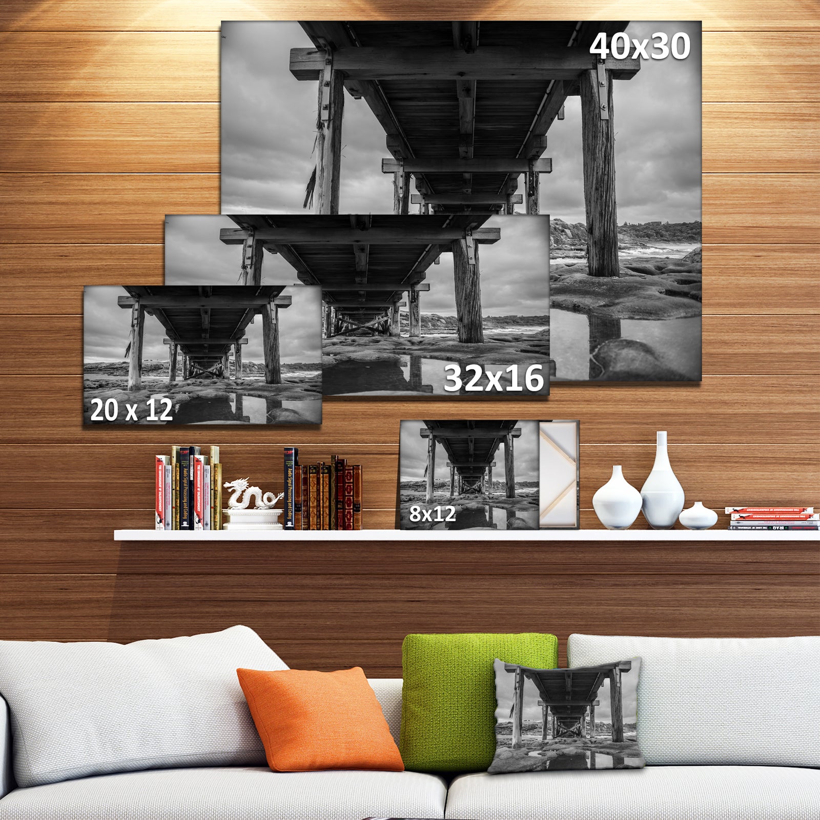 Black and White Large Wooden Bridge - Sea Bridge Canvas Wall Artwork