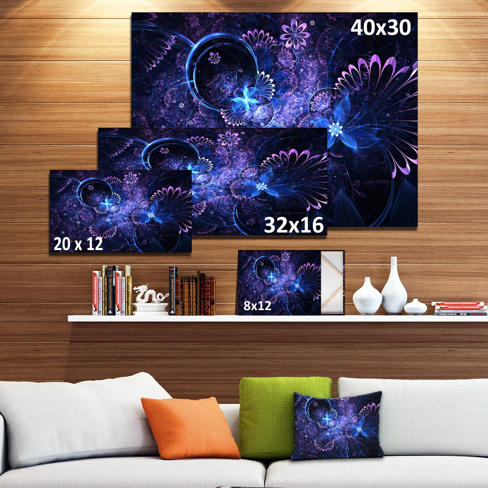 Dark Blue and Pink Fractal Flowers - Large Floral Wall Art Canvas