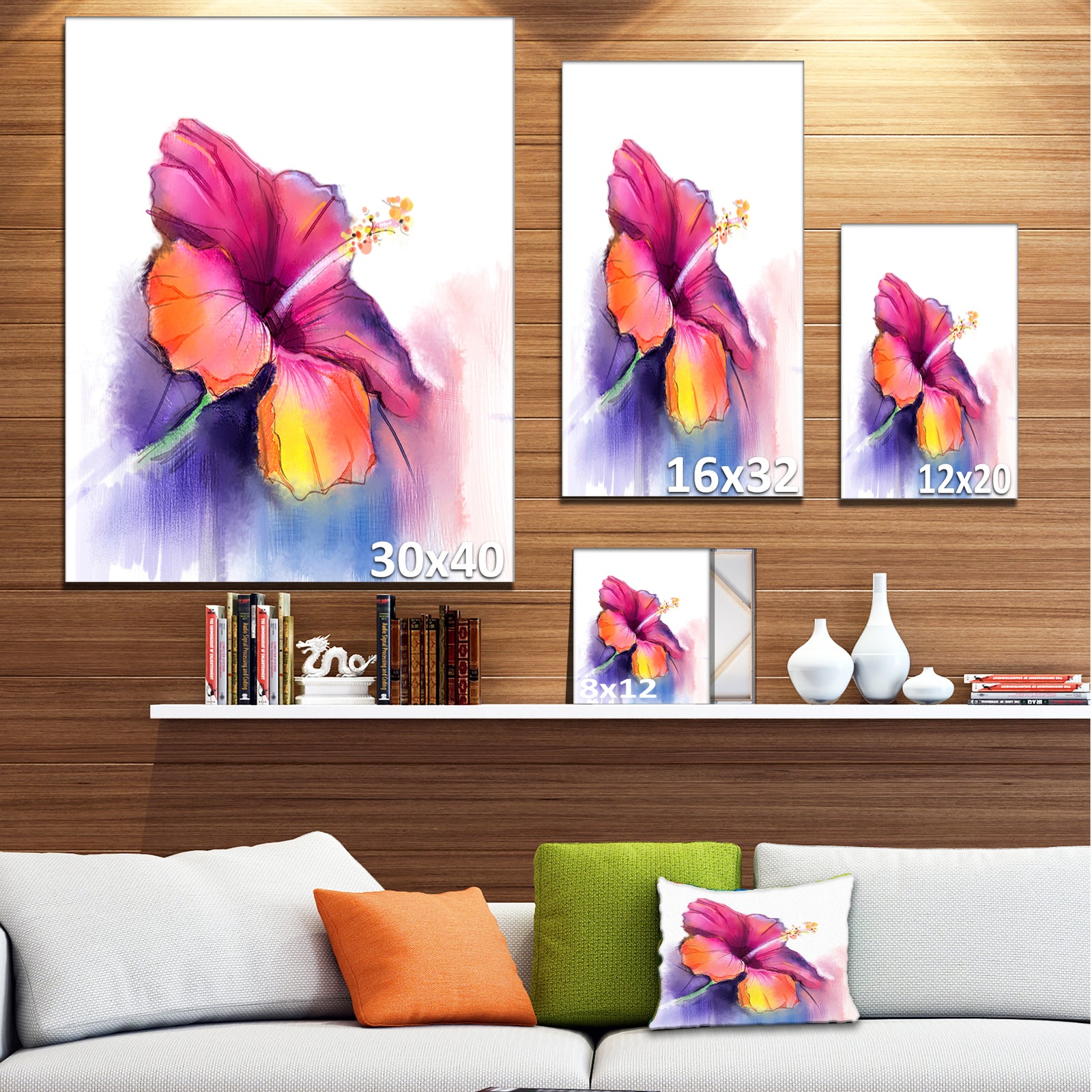 Red Yellow Hibiscus Flower in Blue - Large Flower Canvas Wall Art
