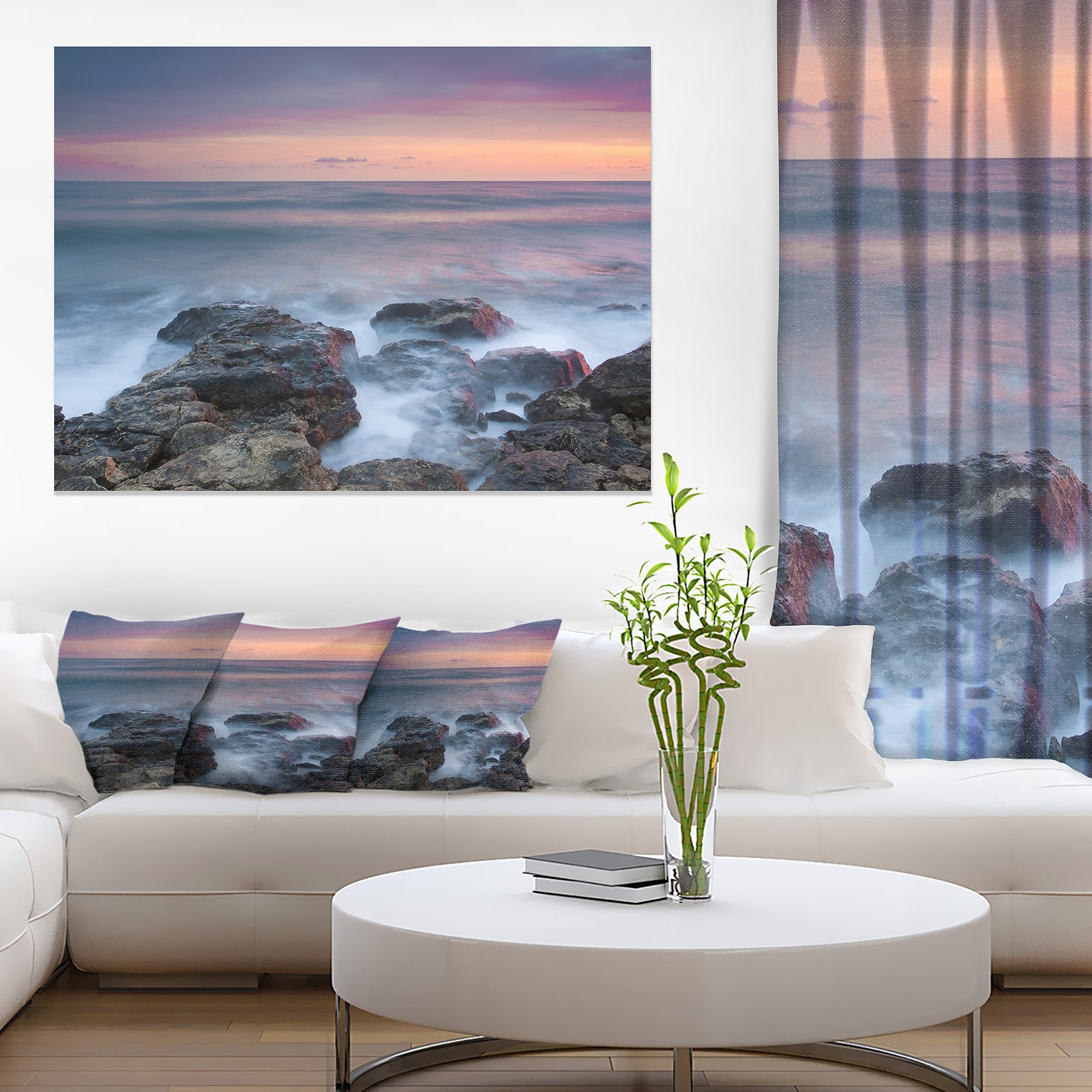 Blue Rocky Sea Beach Sunset - Modern Landscape Wall Art Canvas
