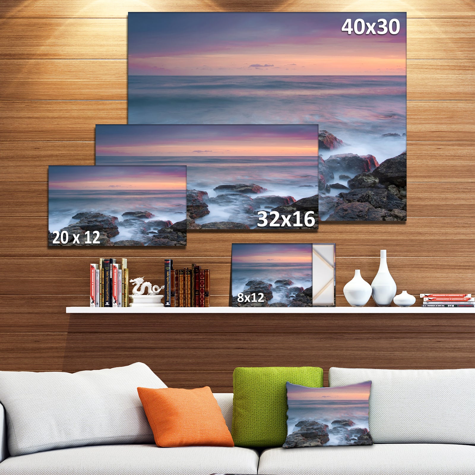Blue Rocky Sea Beach Sunset - Modern Landscape Wall Art Canvas