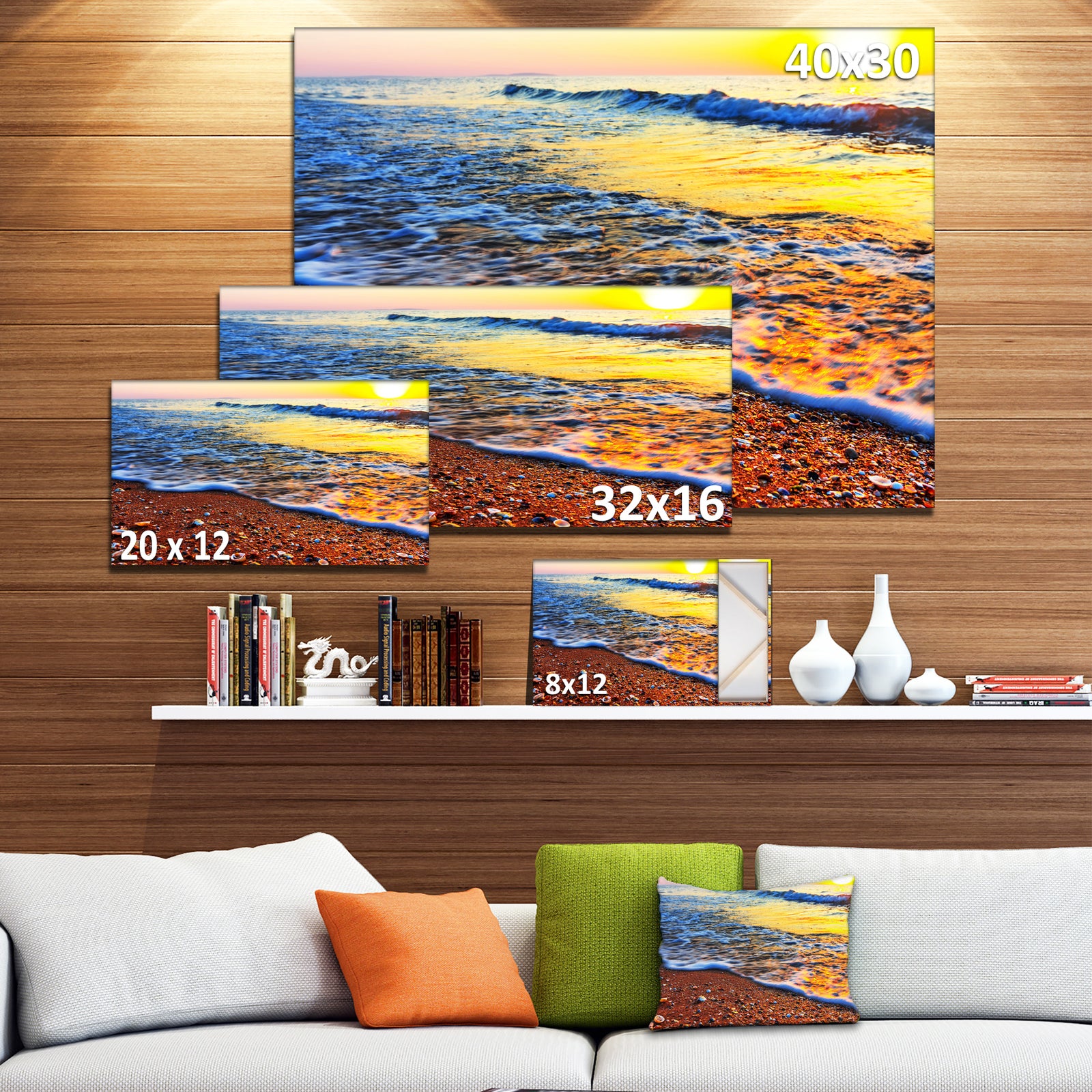 Sunset Reflecting in Blue Waves - Large Seashore Canvas Print