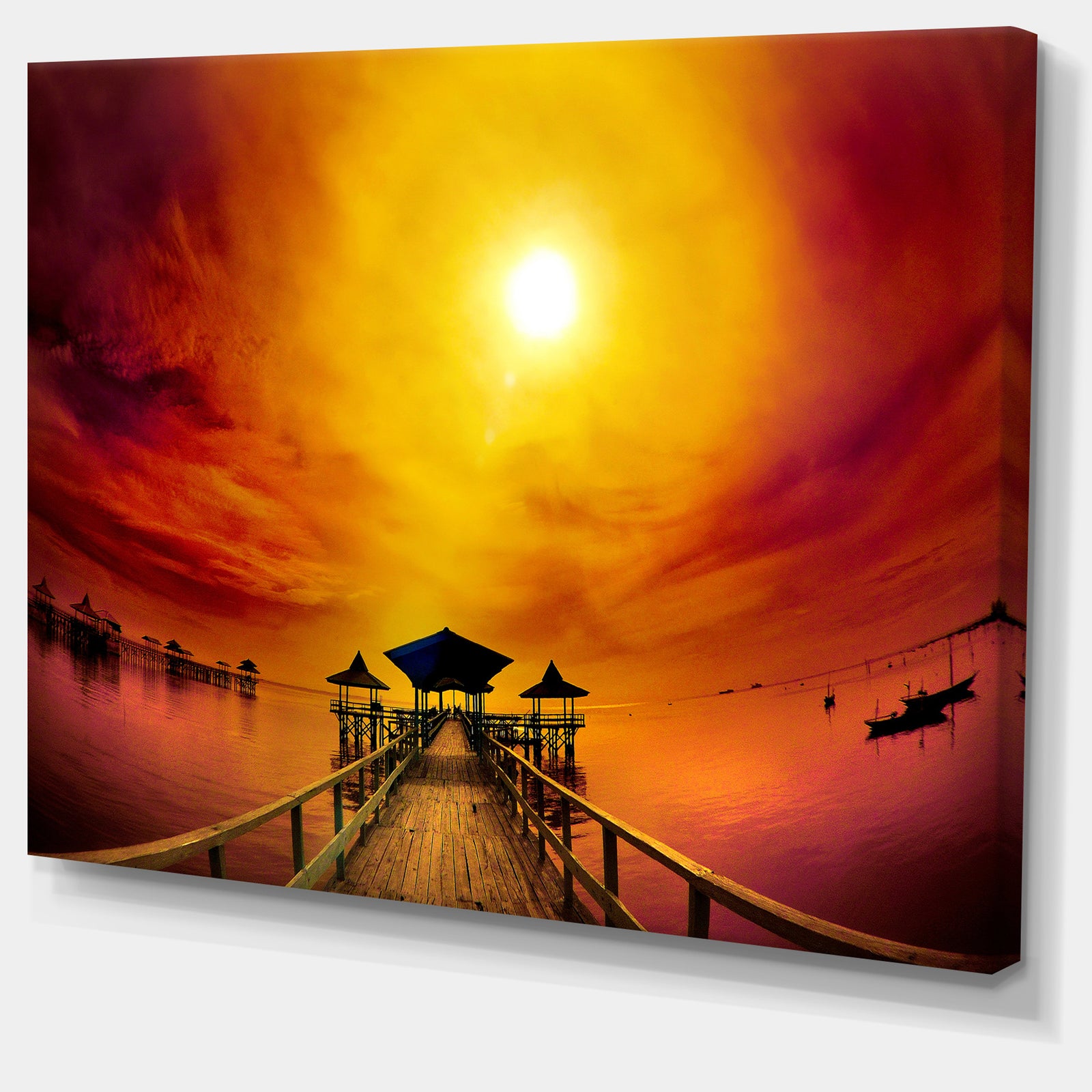 Exotic Wood Pier under Yellow Sun - Sea Bridge Canvas Wall Artwork