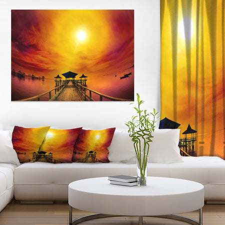Exotic Wood Pier under Yellow Sun - Sea Bridge Canvas Wall Artwork