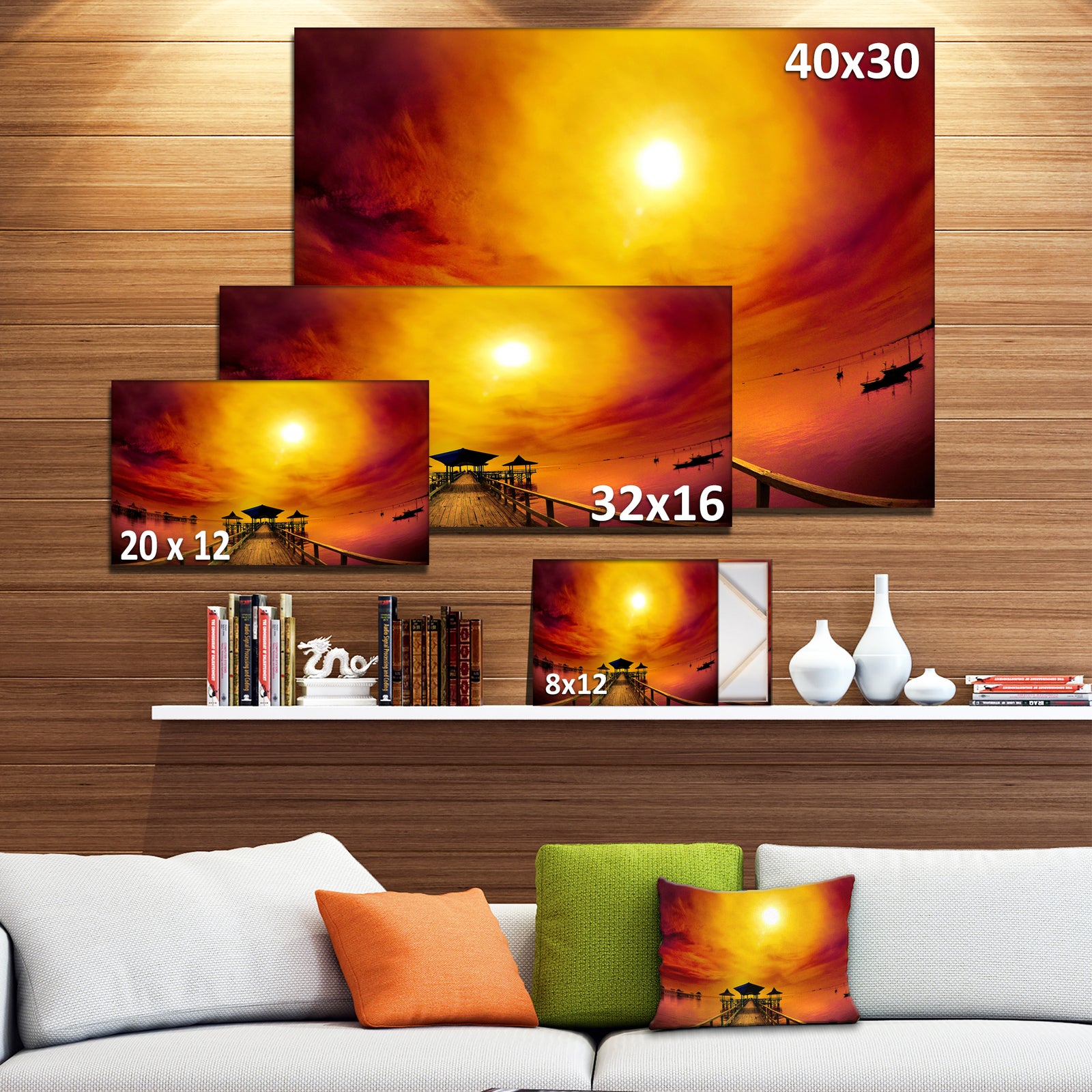 Exotic Wood Pier under Yellow Sun - Sea Bridge Canvas Wall Artwork
