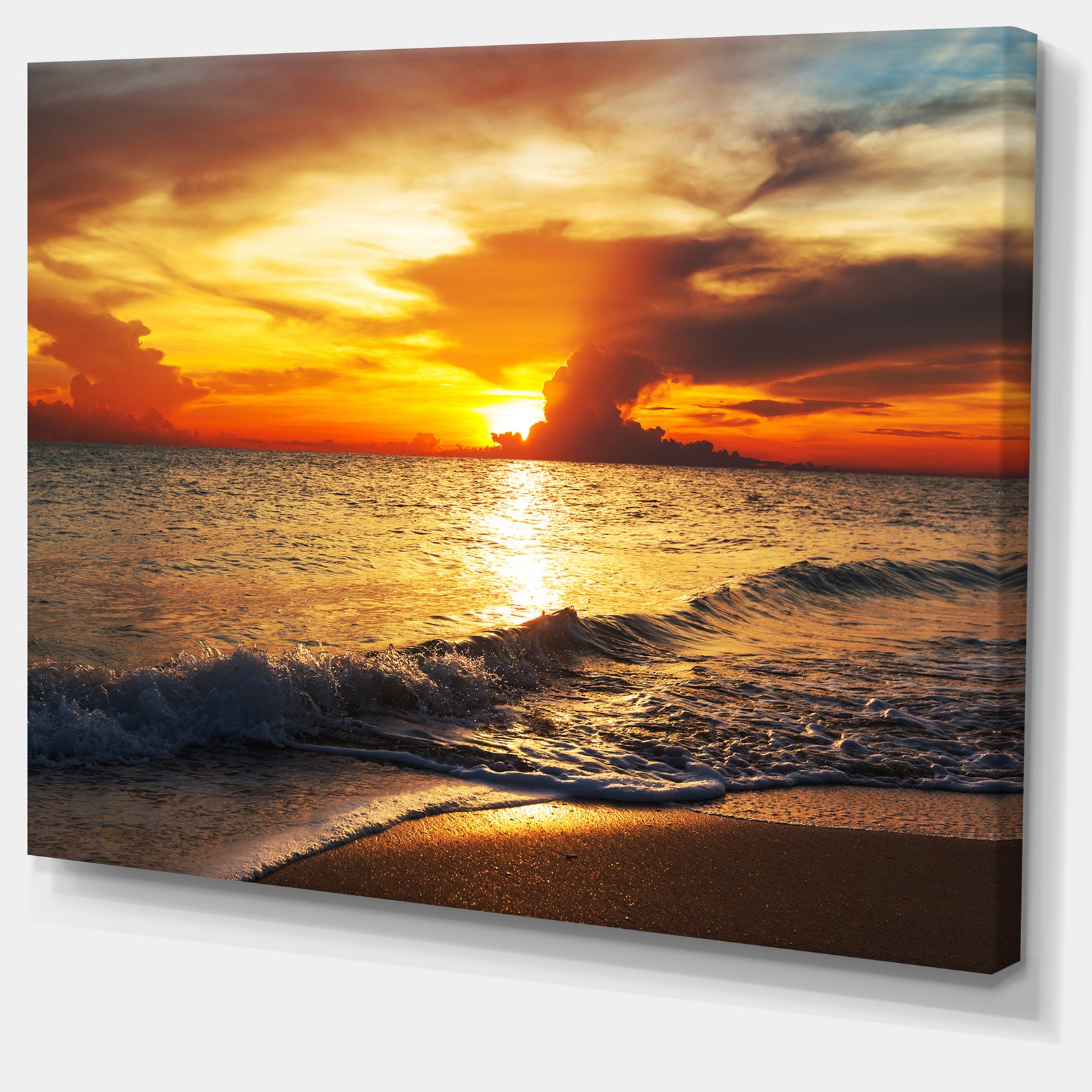 Colorful Dramatic Sunset over Waves - Modern Beach Canvas Art Print