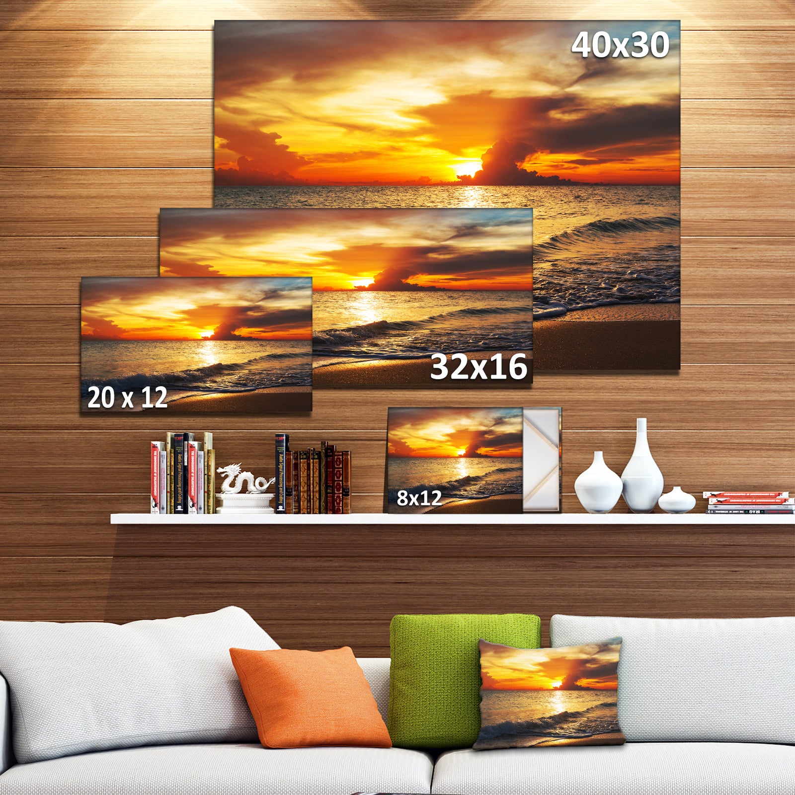 Colorful Dramatic Sunset over Waves - Modern Beach Canvas Art Print