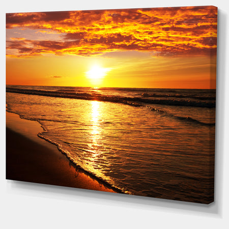 Bright Yellow Sunset over Waves - Modern Beach Canvas Art Print