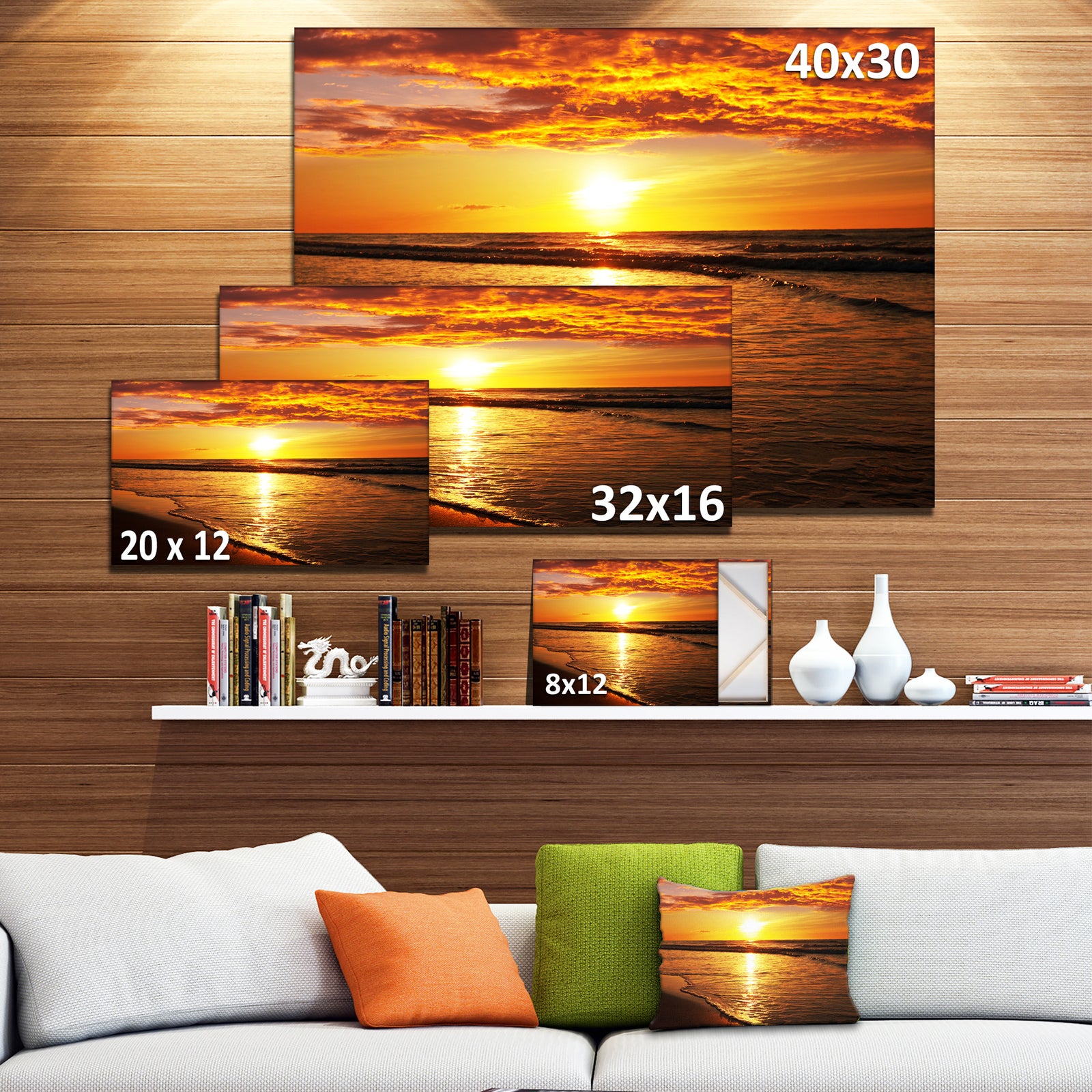 Bright Yellow Sunset over Waves - Modern Beach Canvas Art Print