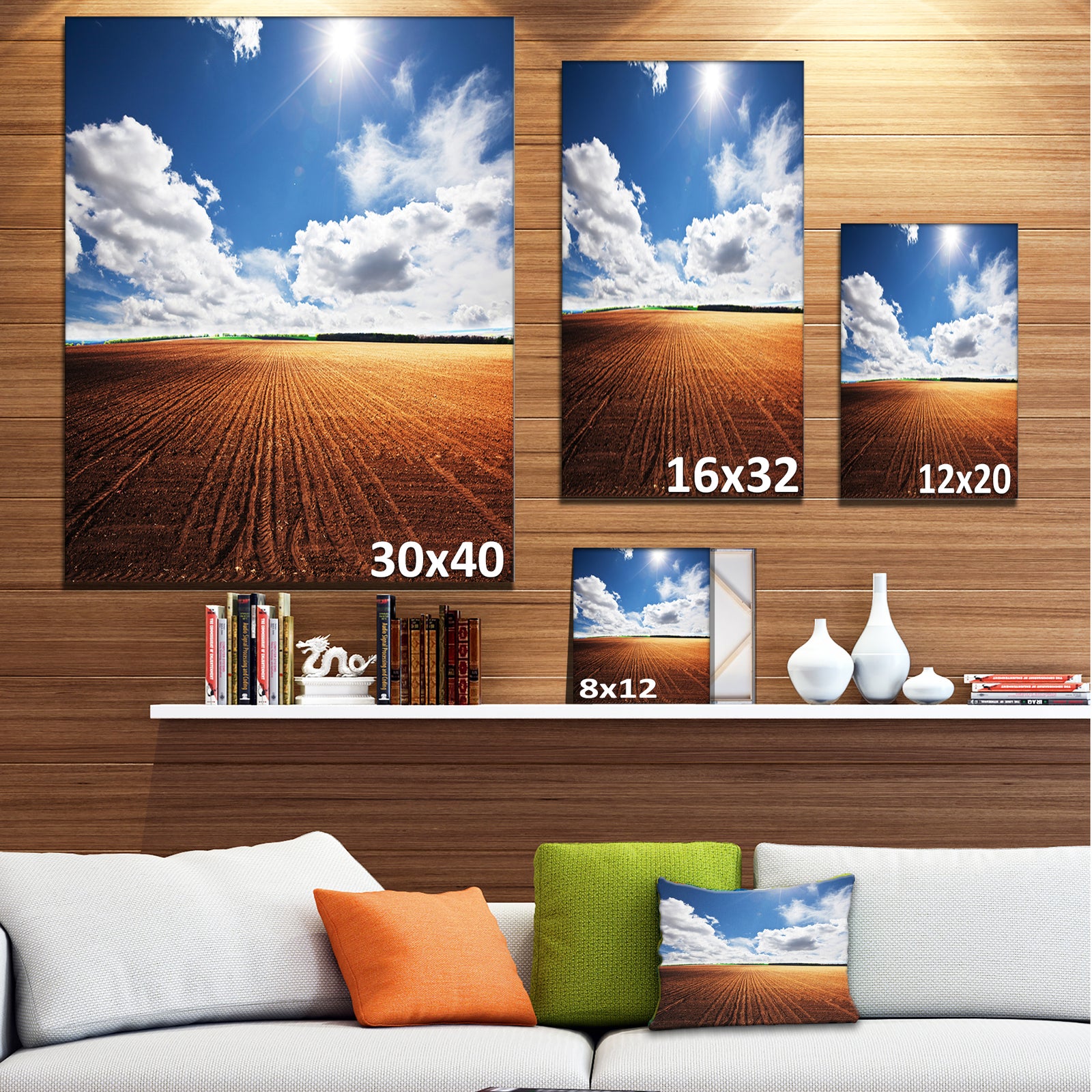 Expansive Field under White Clouds - Modern Landscape Wall Art Canvas