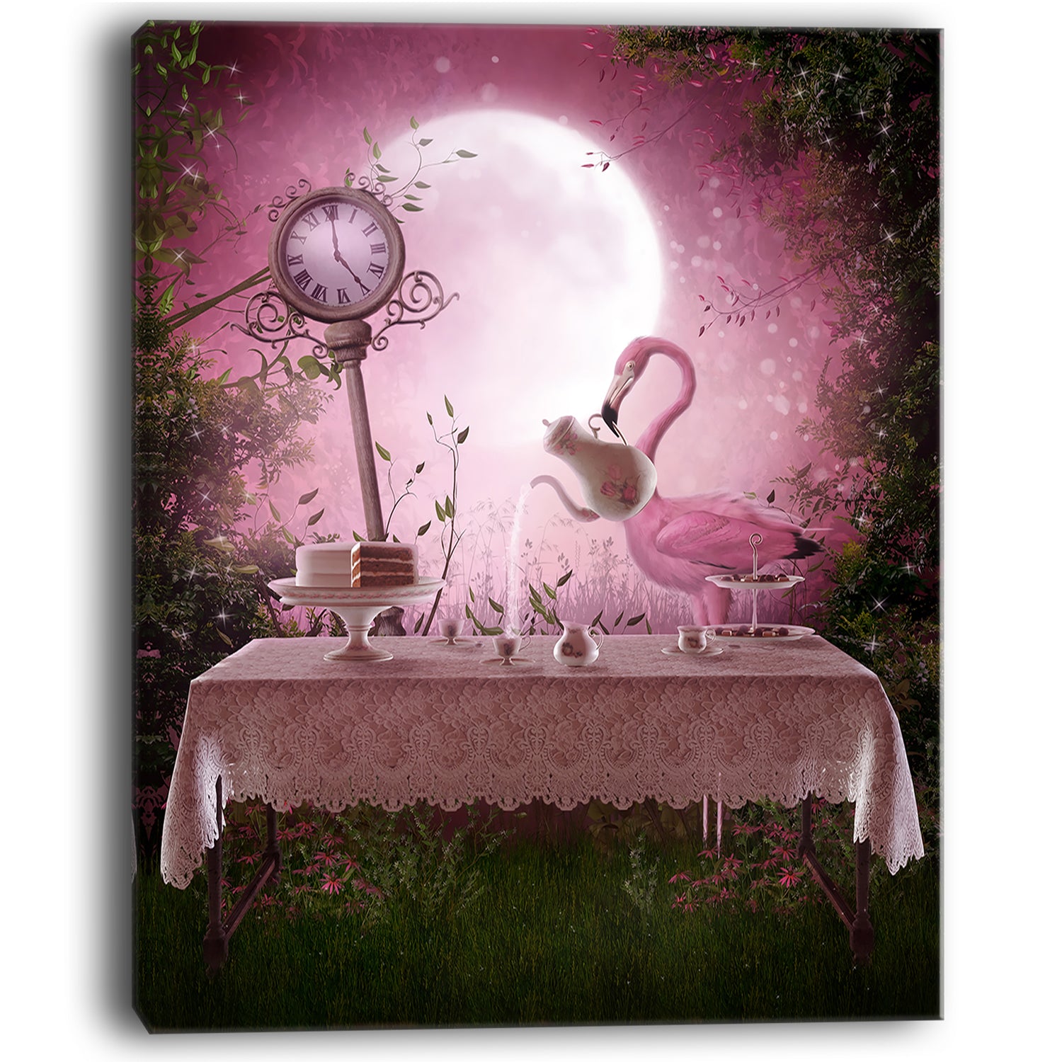 Fantasy Garden with a Flamingo - Modern Landscape Wall Art Canvas