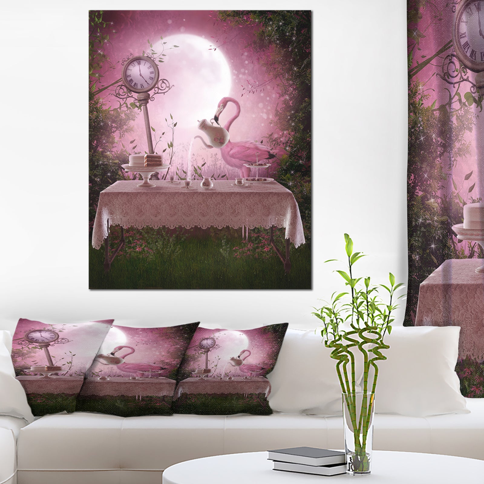 Fantasy Garden with a Flamingo - Modern Landscape Wall Art Canvas