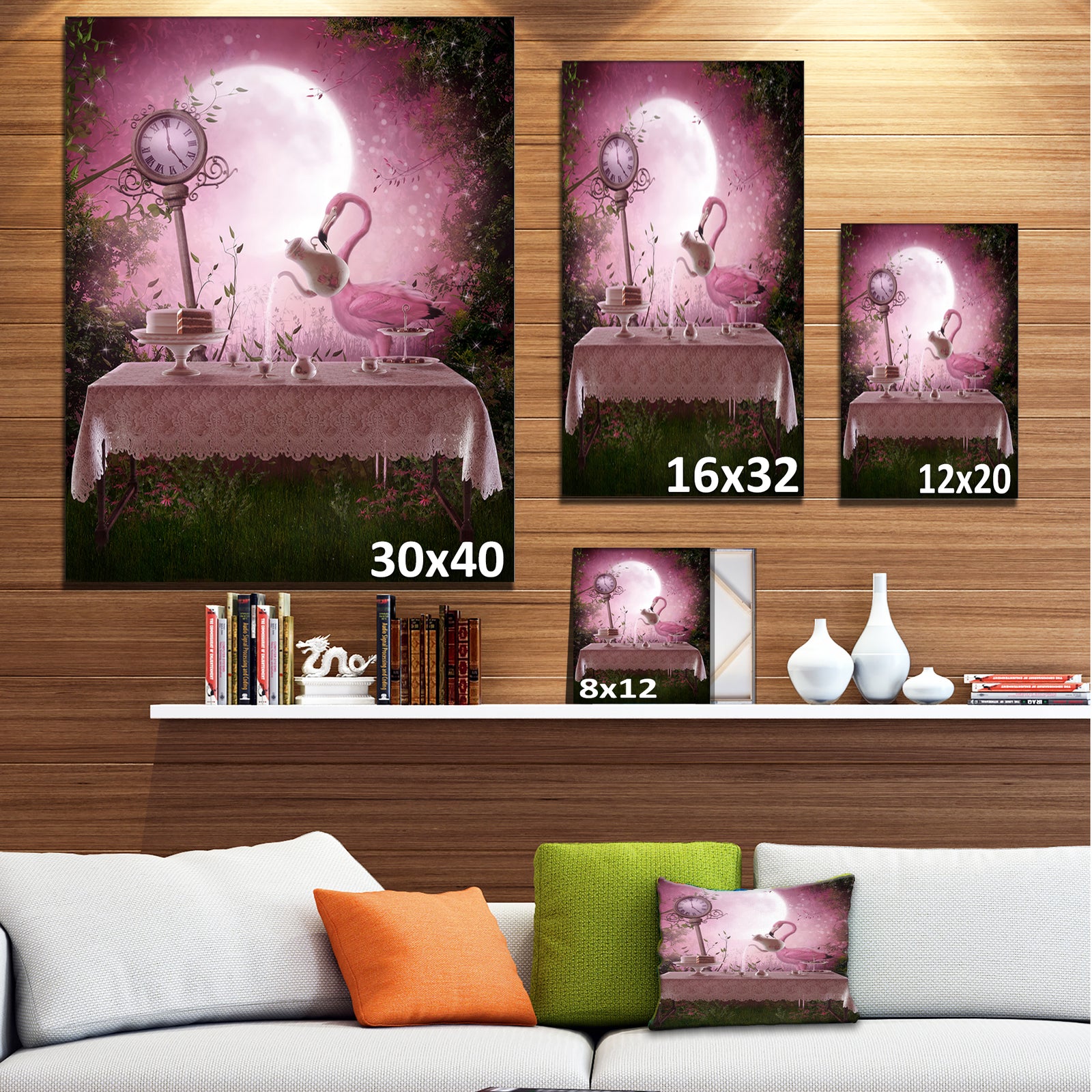 Fantasy Garden with a Flamingo - Modern Landscape Wall Art Canvas