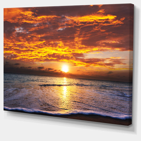 Yellow Sunset above Foaming Waves - Modern Beach Canvas Art Print