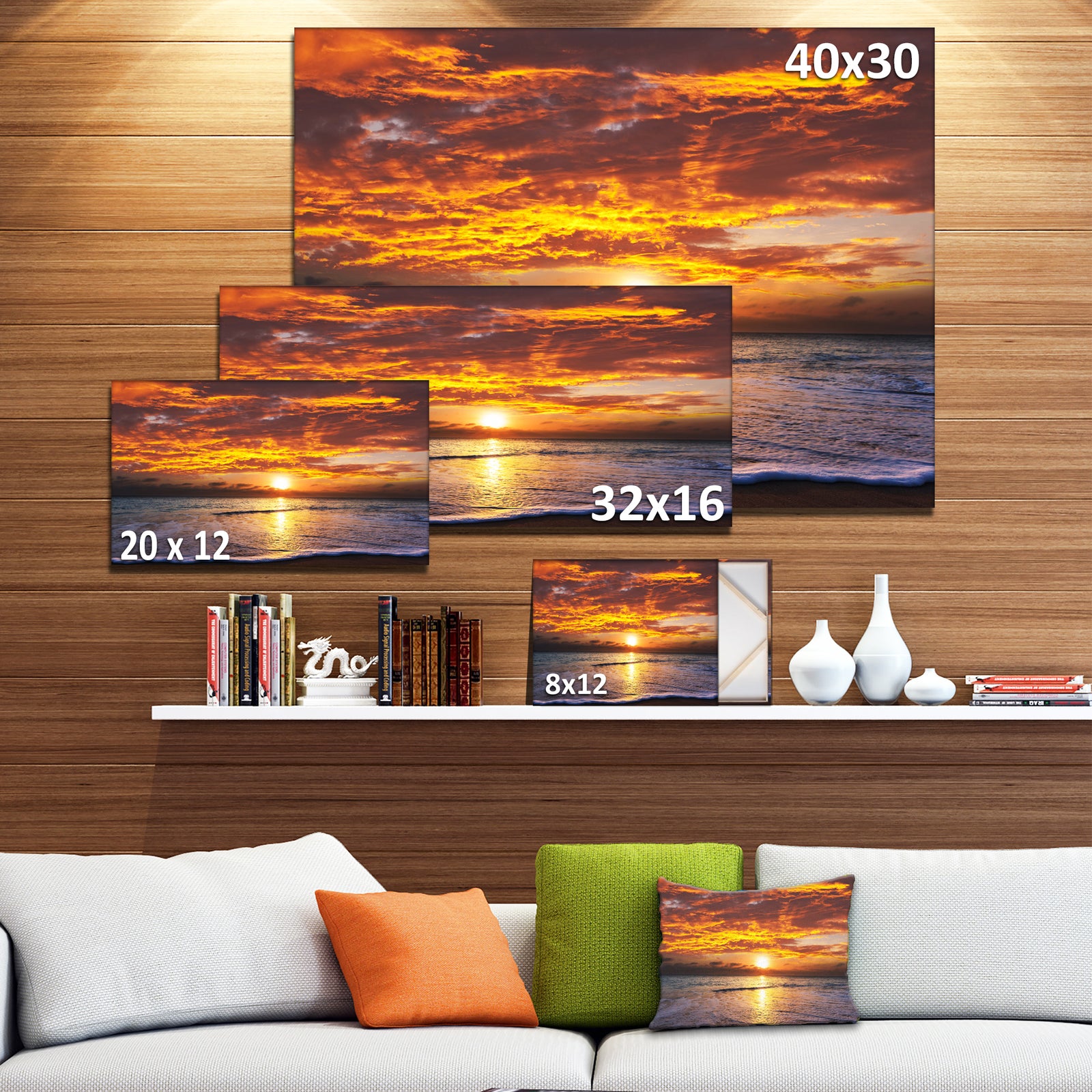 Yellow Sunset above Foaming Waves - Modern Beach Canvas Art Print