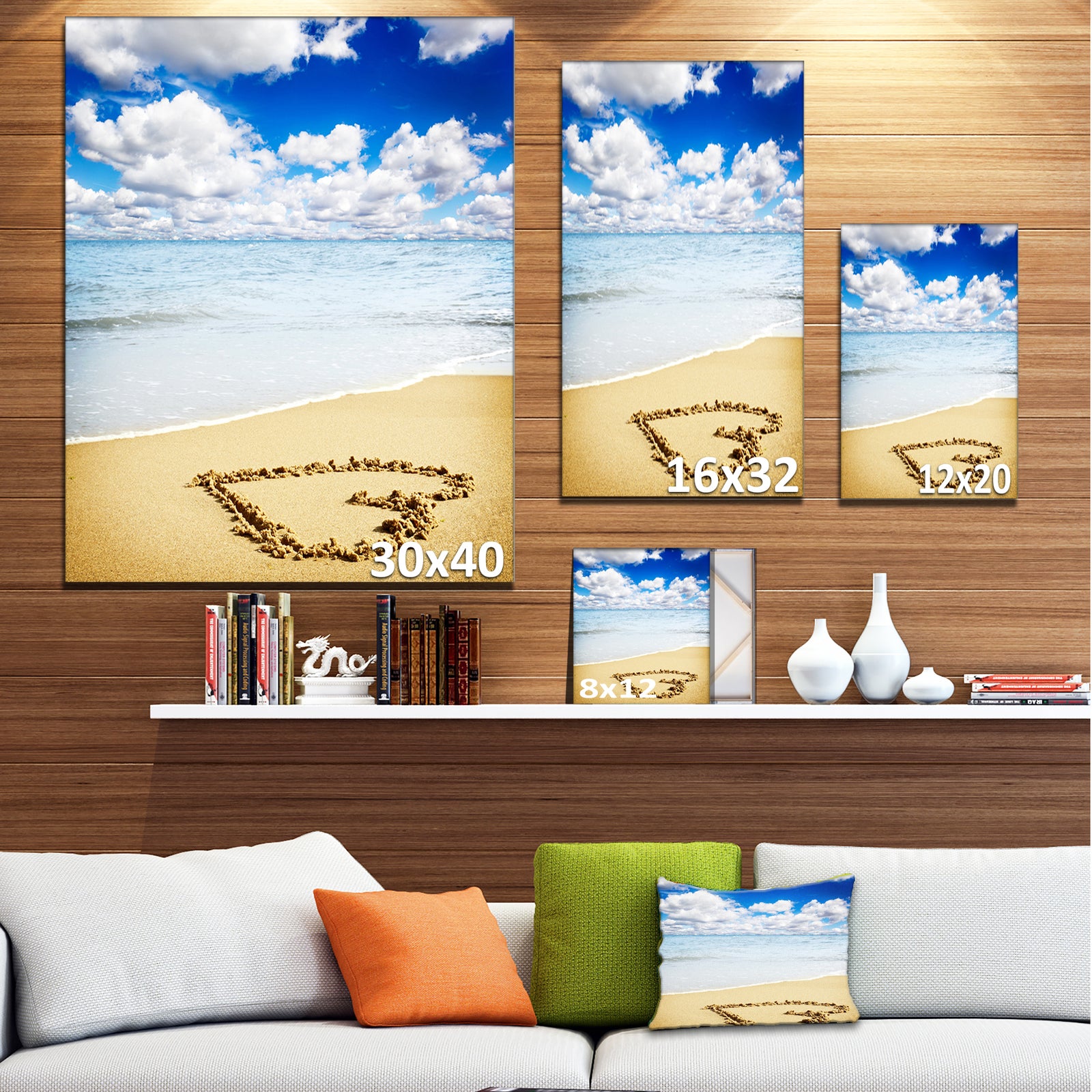 Massive Heart Drawn on Serene Beach - Seashore Canvas Wall Art