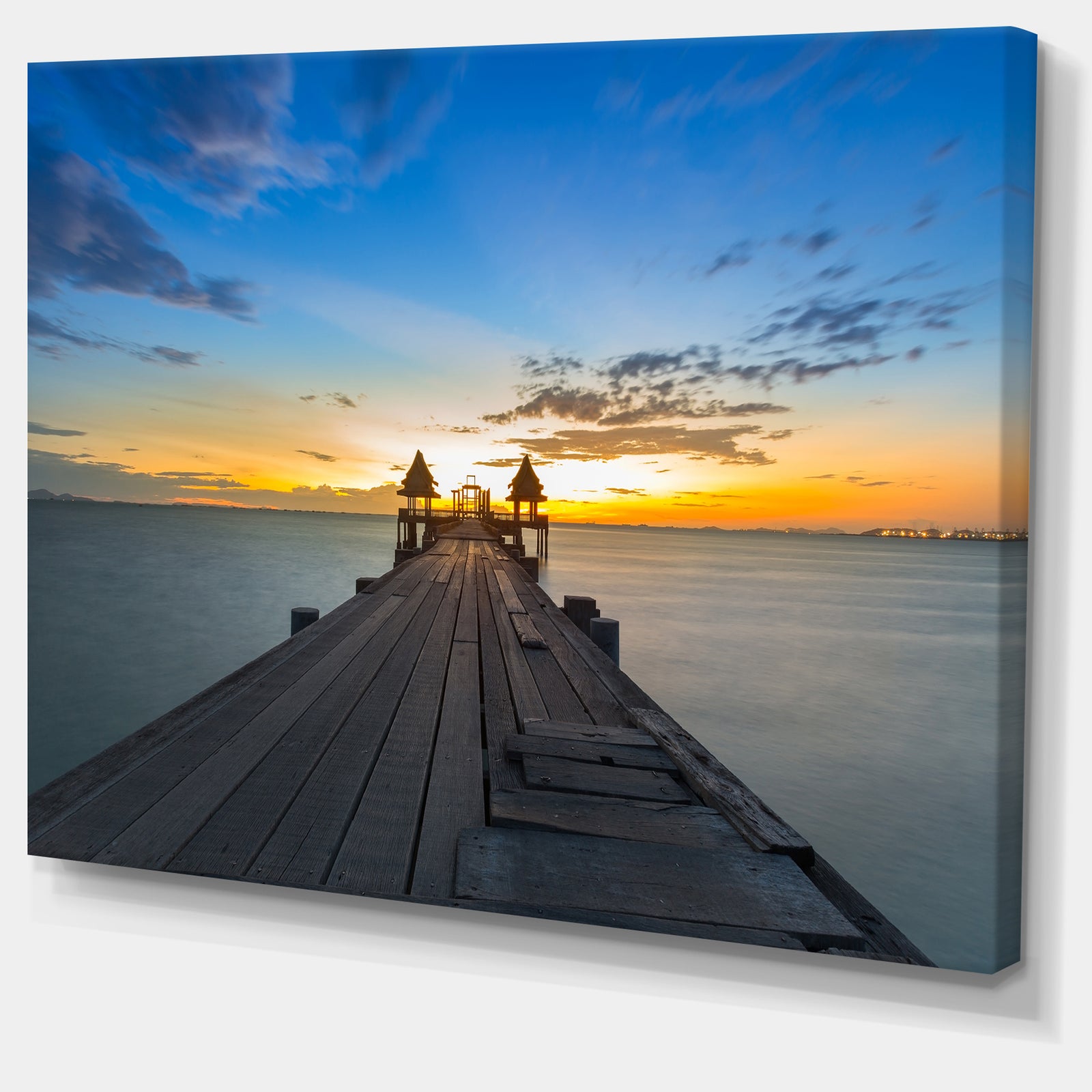 Long Wood Pier Leading to Colorful Sea Sea Bridge Canvas Wall Artwork