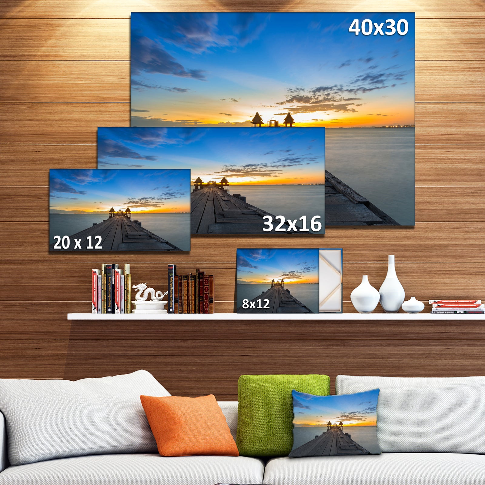 Long Wood Pier Leading to Colorful Sea Sea Bridge Canvas Wall Artwork