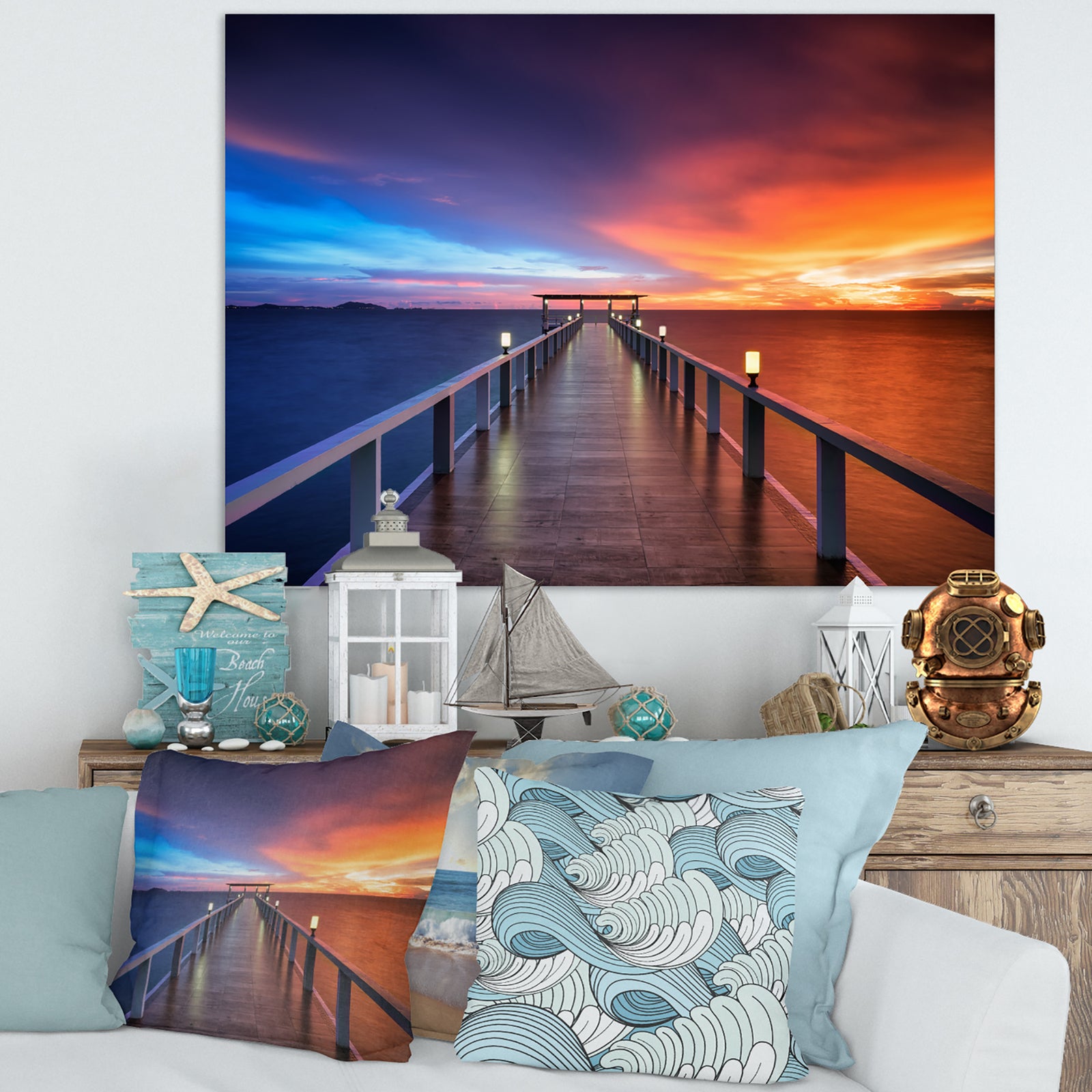 Picturesque Seashore with Long Pier - Sea Pier Wall Art Canvas Print