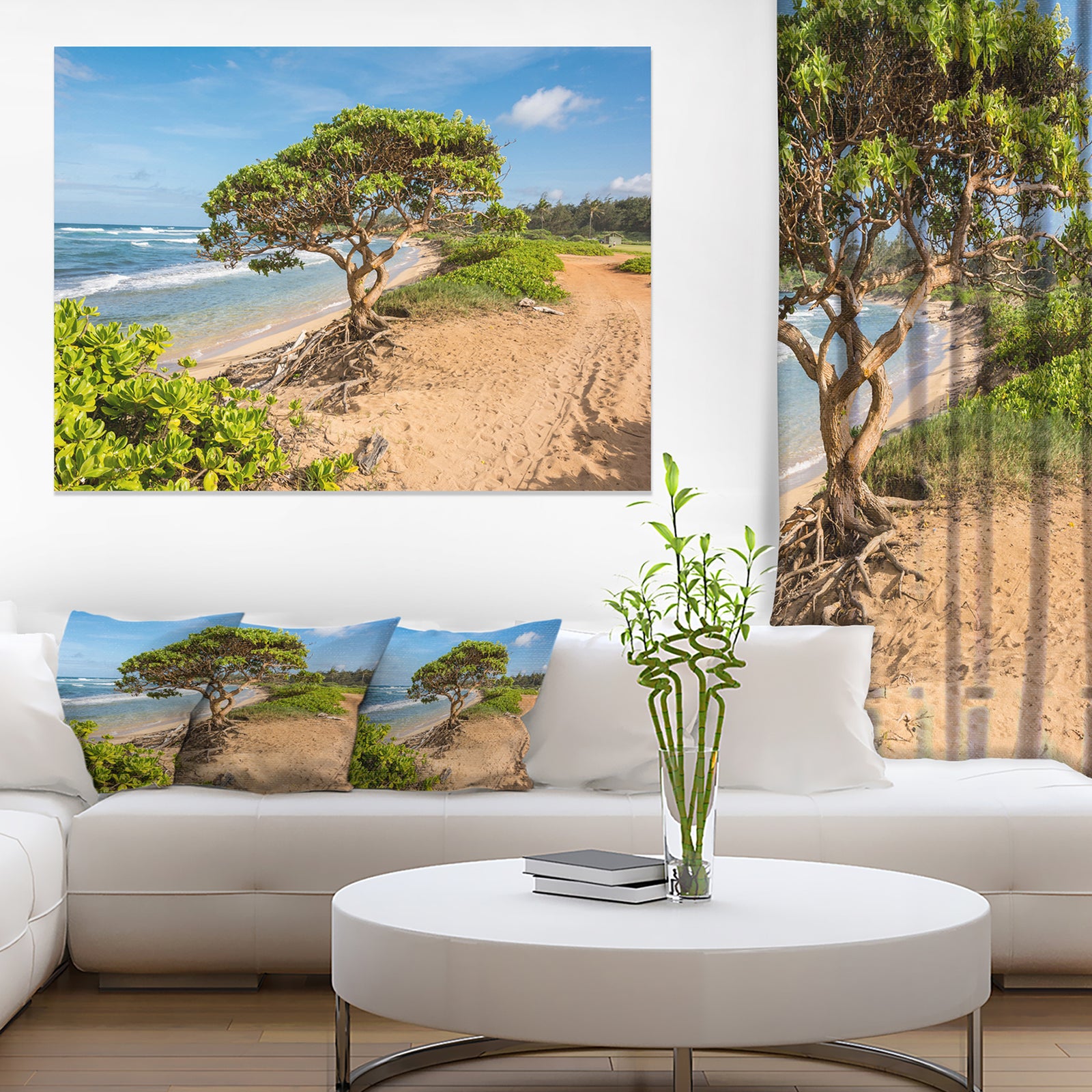 Green Tree on Beach in Kauai Hawaii - Contemporary Seascape Art Canvas