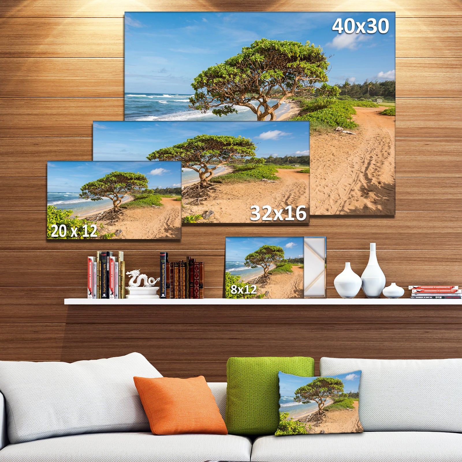Green Tree on Beach in Kauai Hawaii - Contemporary Seascape Art Canvas
