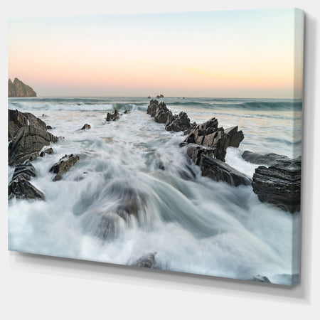 Waves Hitting Beach at Sunrise Atlantic - Contemporary Seascape Art Canvas