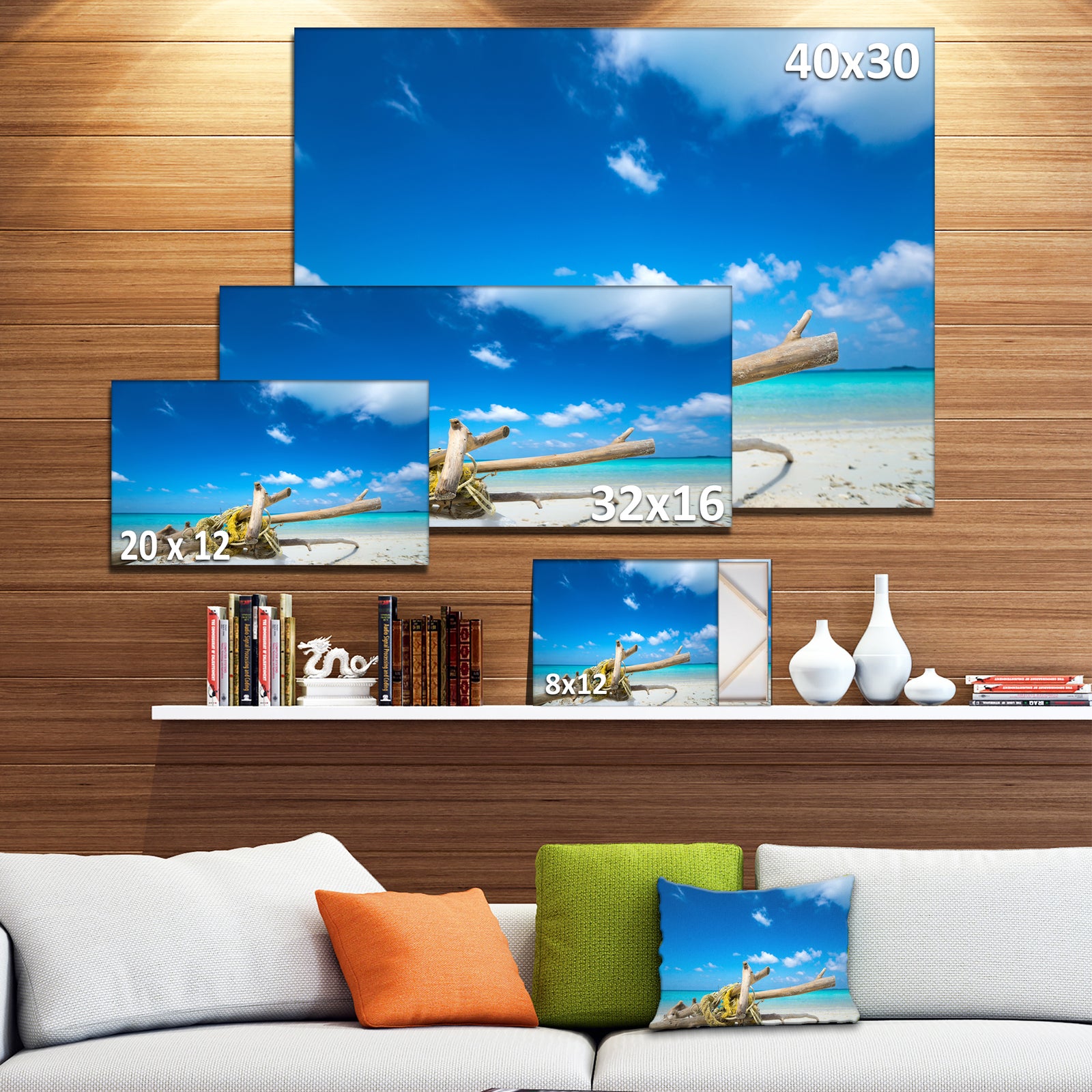 Deadwood on White Sand Beach - Contemporary Seascape Art Canvas