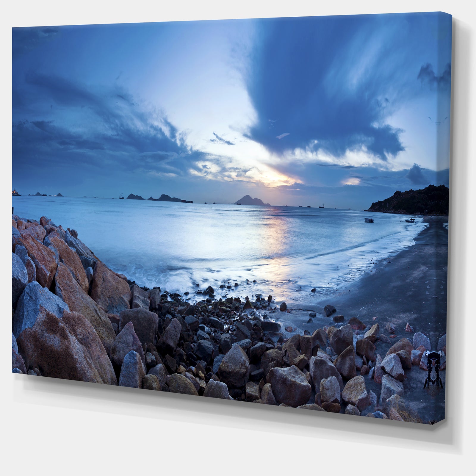 Blue Sea Sunset on Sandy Coastline - Contemporary Seascape Art Canvas