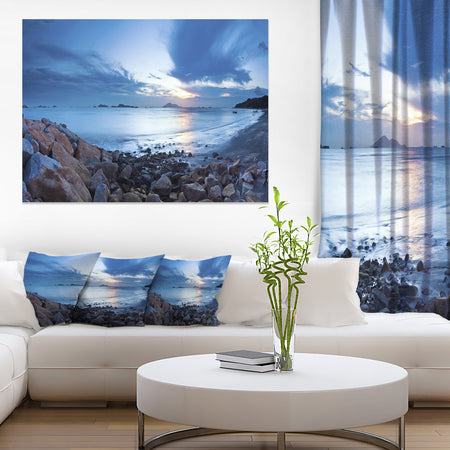 Blue Sea Sunset on Sandy Coastline - Contemporary Seascape Art Canvas