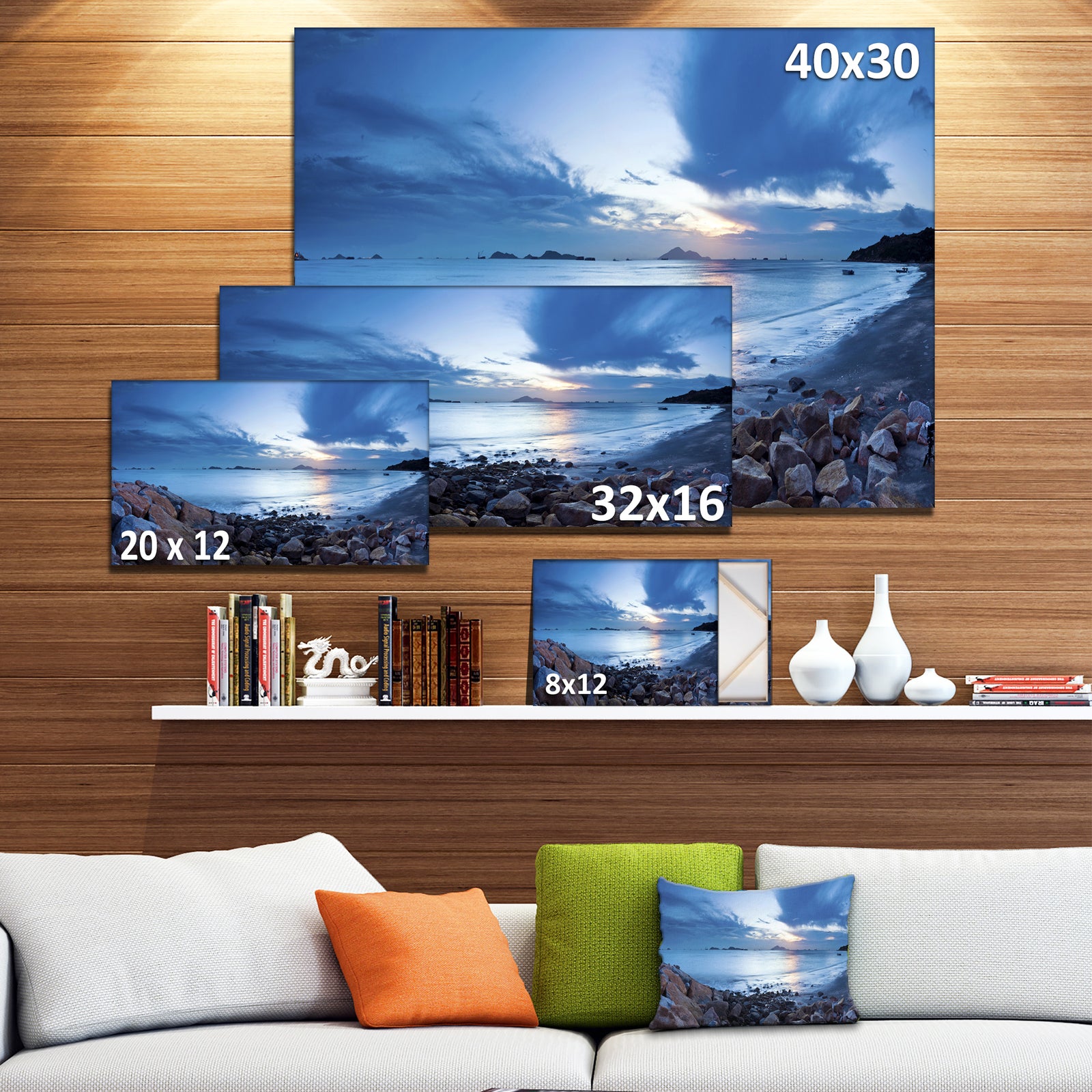 Blue Sea Sunset on Sandy Coastline - Contemporary Seascape Art Canvas