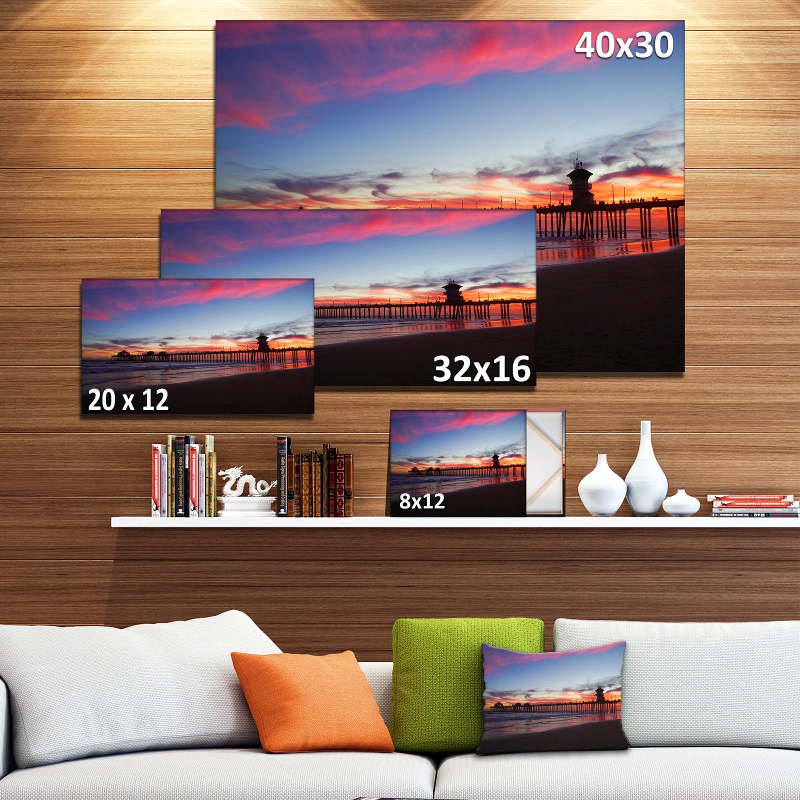 Bridge in California with Red Clouds Contemporary Seascape Art Canvas
