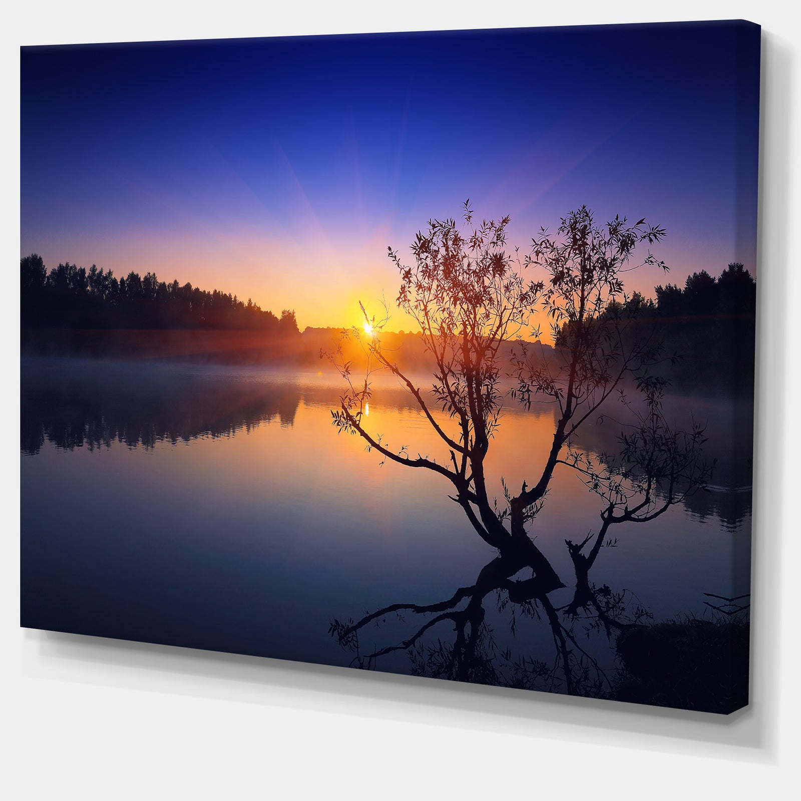 Lonely Tree in Pond in Blue - Extra Large Wall Art Landscape
