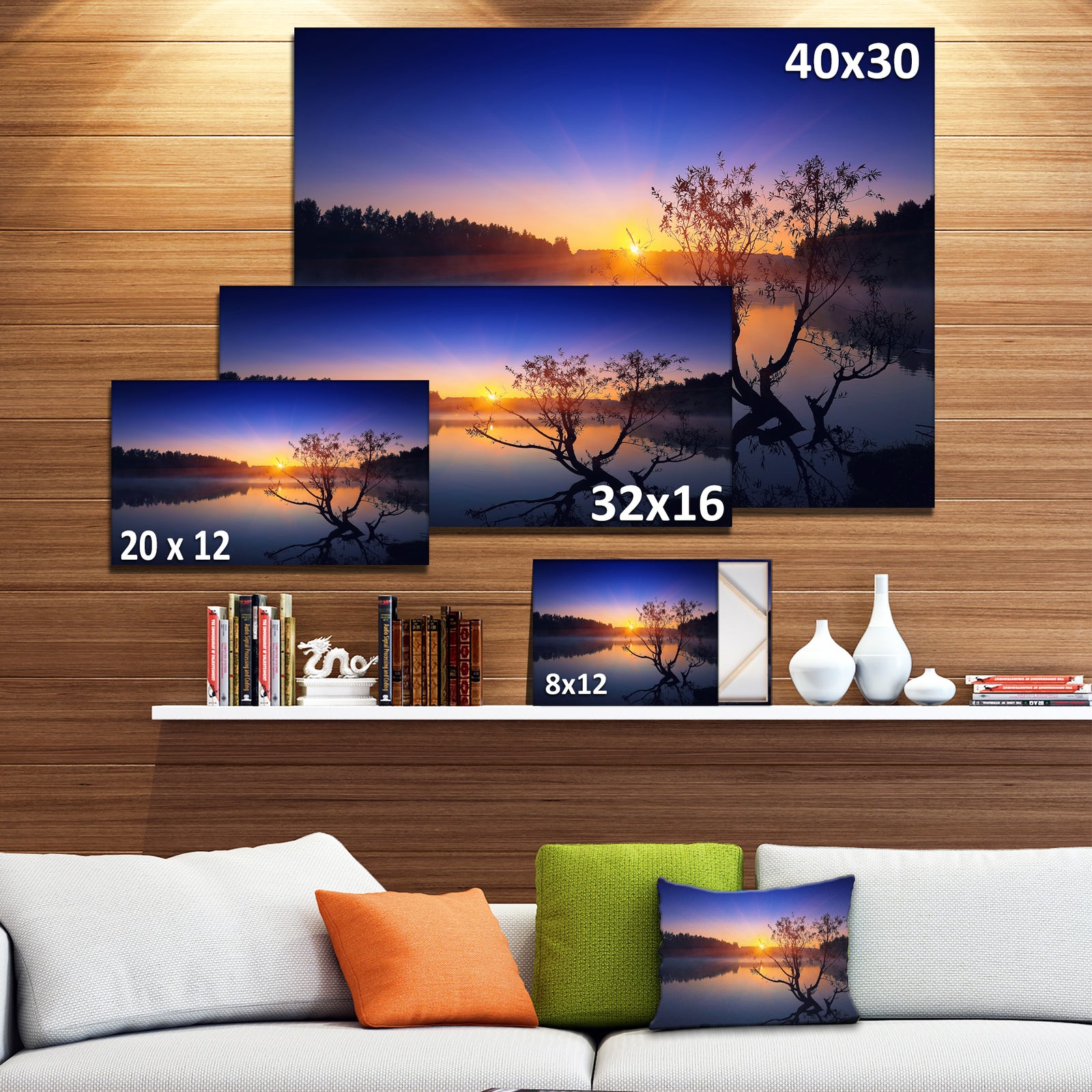 Lonely Tree in Pond in Blue - Extra Large Wall Art Landscape
