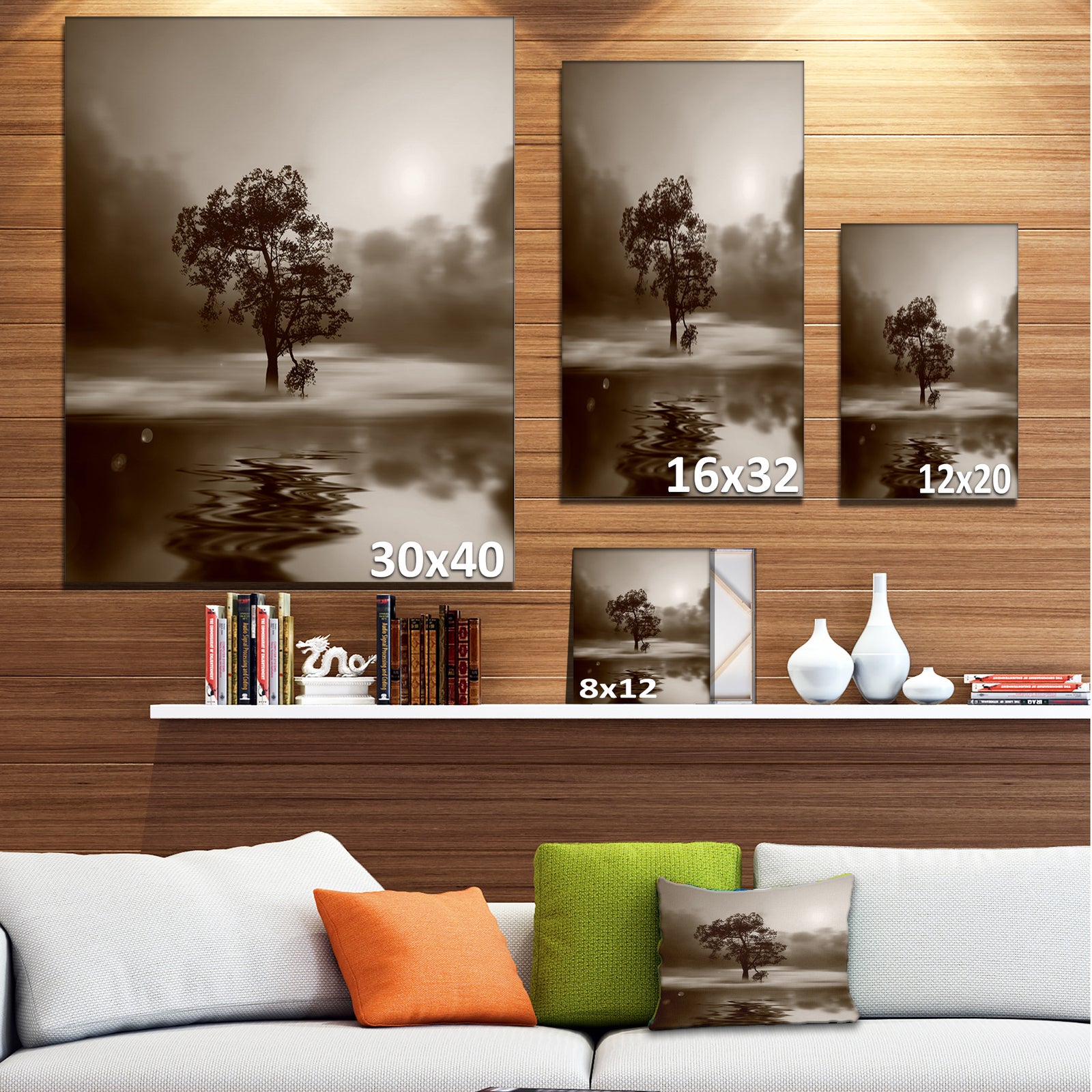 Alone Tree on Island in Sepia - Extra Large Wall Art Landscape