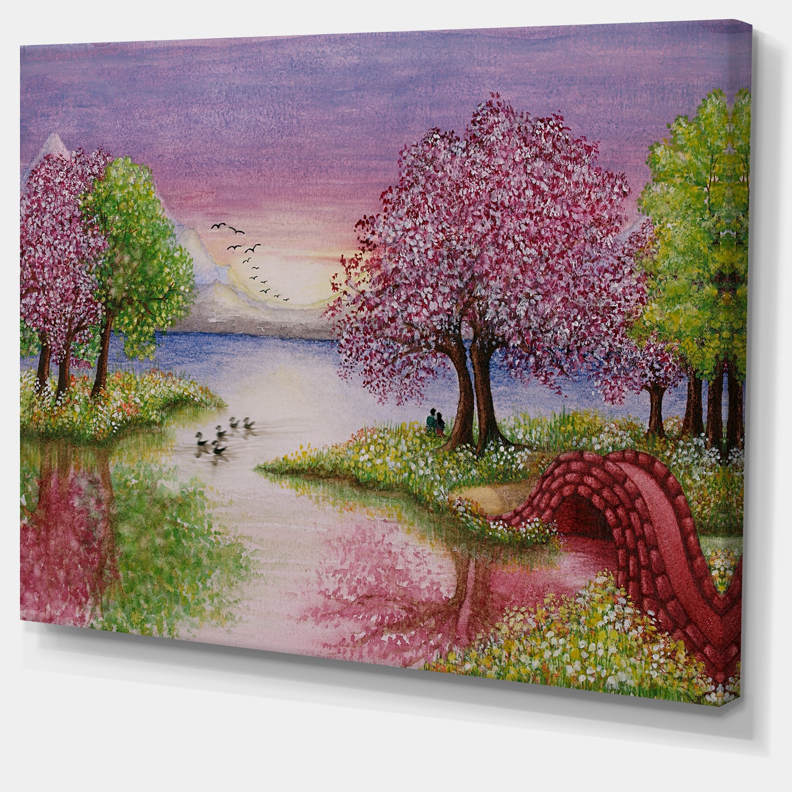Romantic Lake in Pink and Green - Extra Large Wall Art Landscape