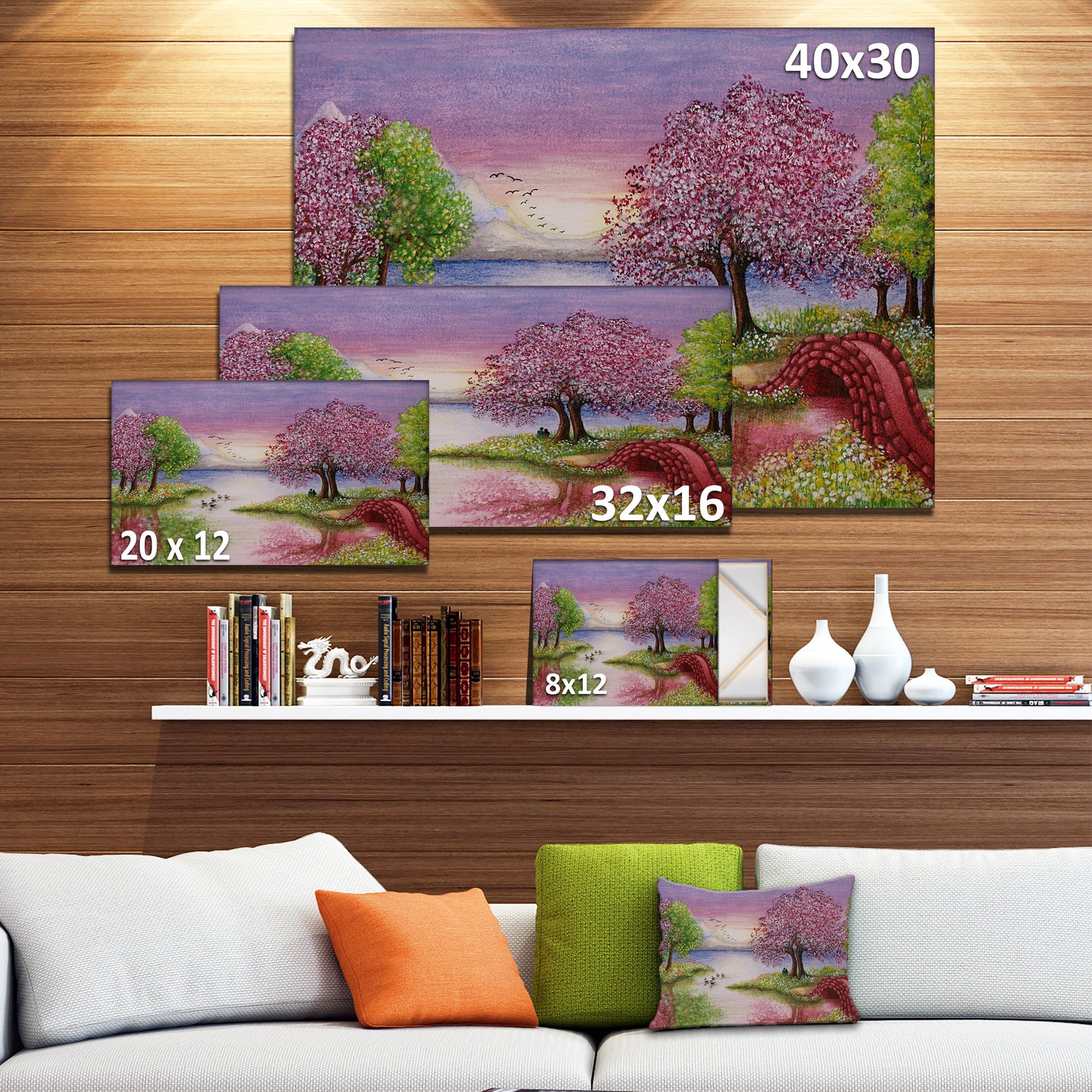 Romantic Lake in Pink and Green - Extra Large Wall Art Landscape