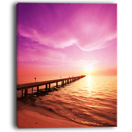 Brown Sea and Pier under Magenta Sky Large Sea Bridge Canvas Art Print