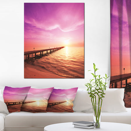 Brown Sea and Pier under Magenta Sky Large Sea Bridge Canvas Art Print
