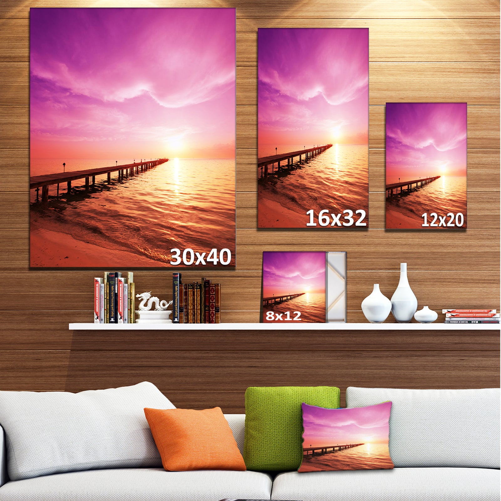 Brown Sea and Pier under Magenta Sky Large Sea Bridge Canvas Art Print