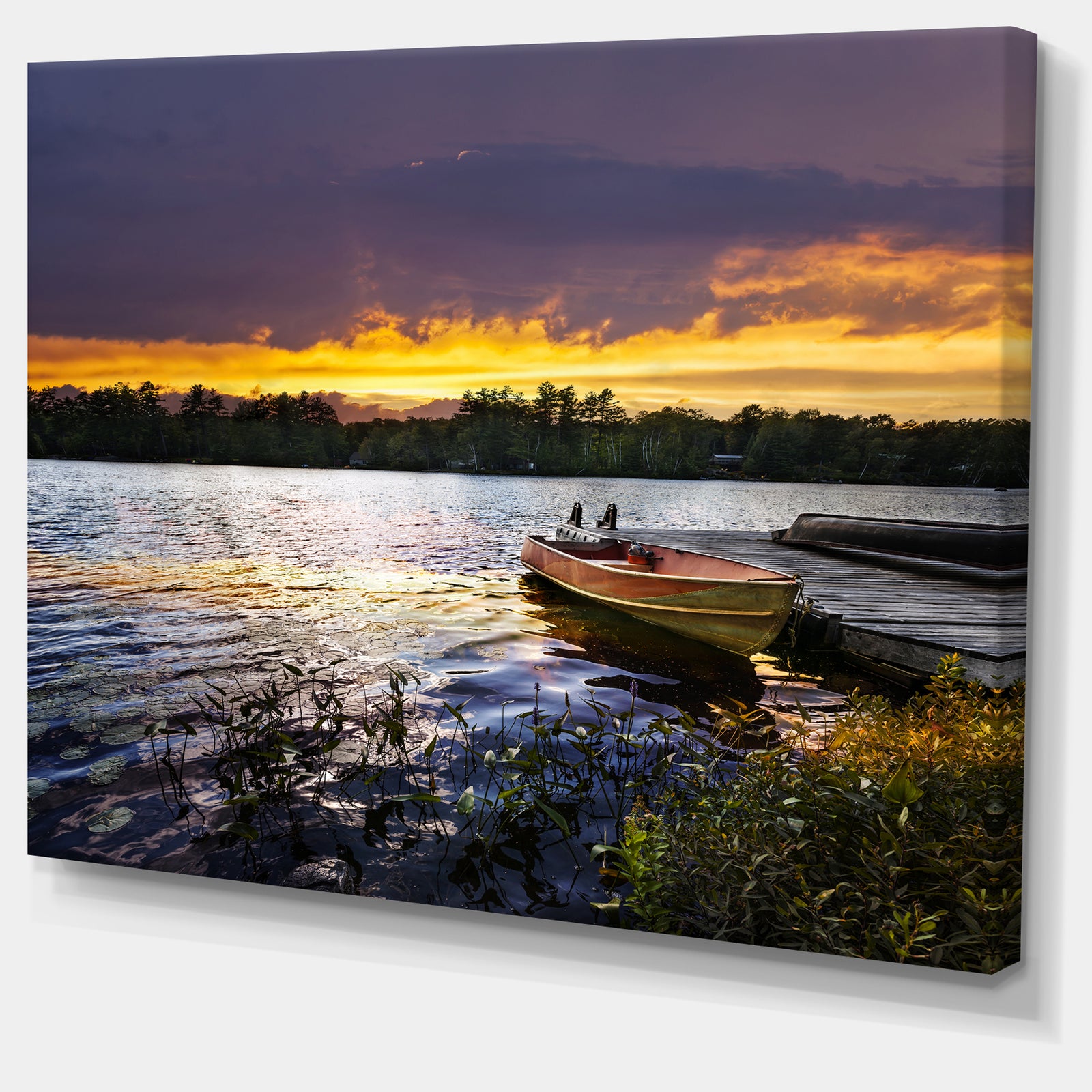 Boat Docked in Lake at Sunset - Modern Seashore Canvas Art