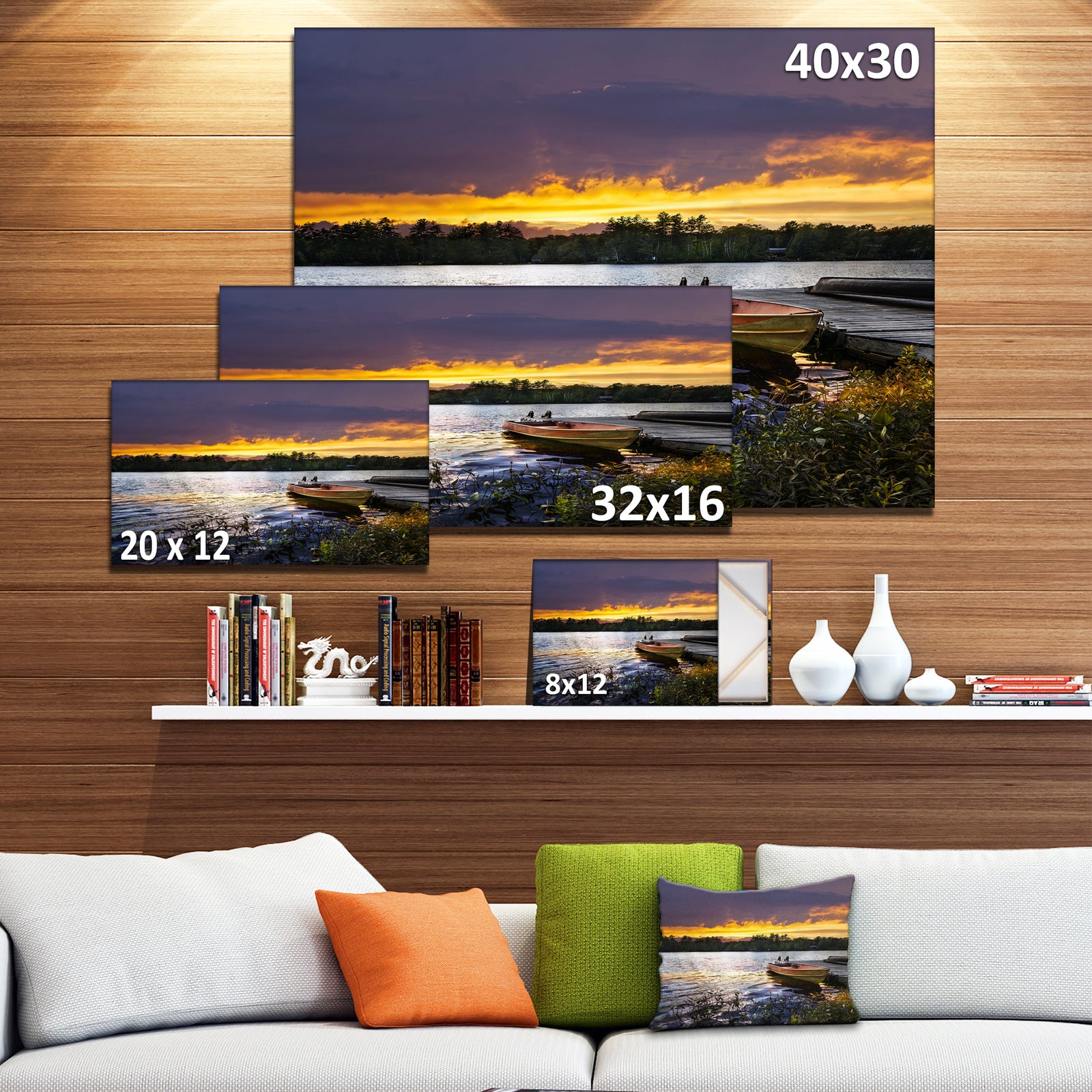 Boat Docked in Lake at Sunset - Modern Seashore Canvas Art