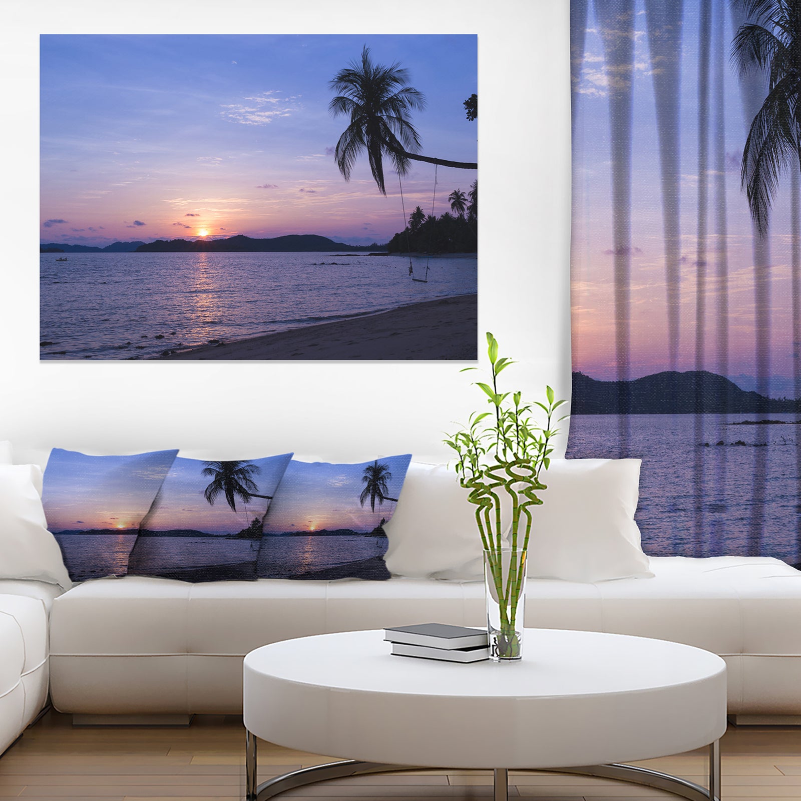 Hanging Seat in Blue Sunset Beach - Modern Seashore Canvas Art