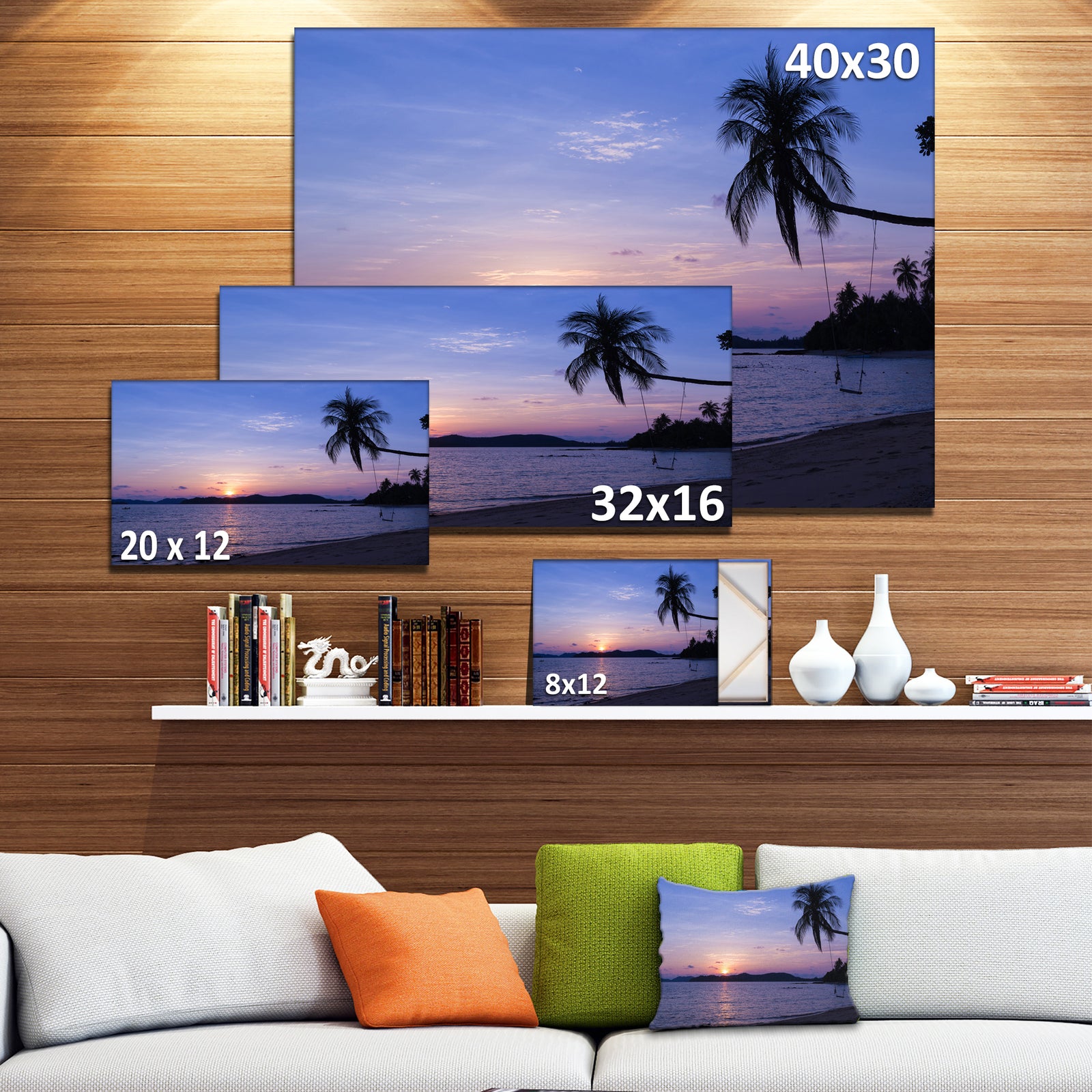 Hanging Seat in Blue Sunset Beach - Modern Seashore Canvas Art