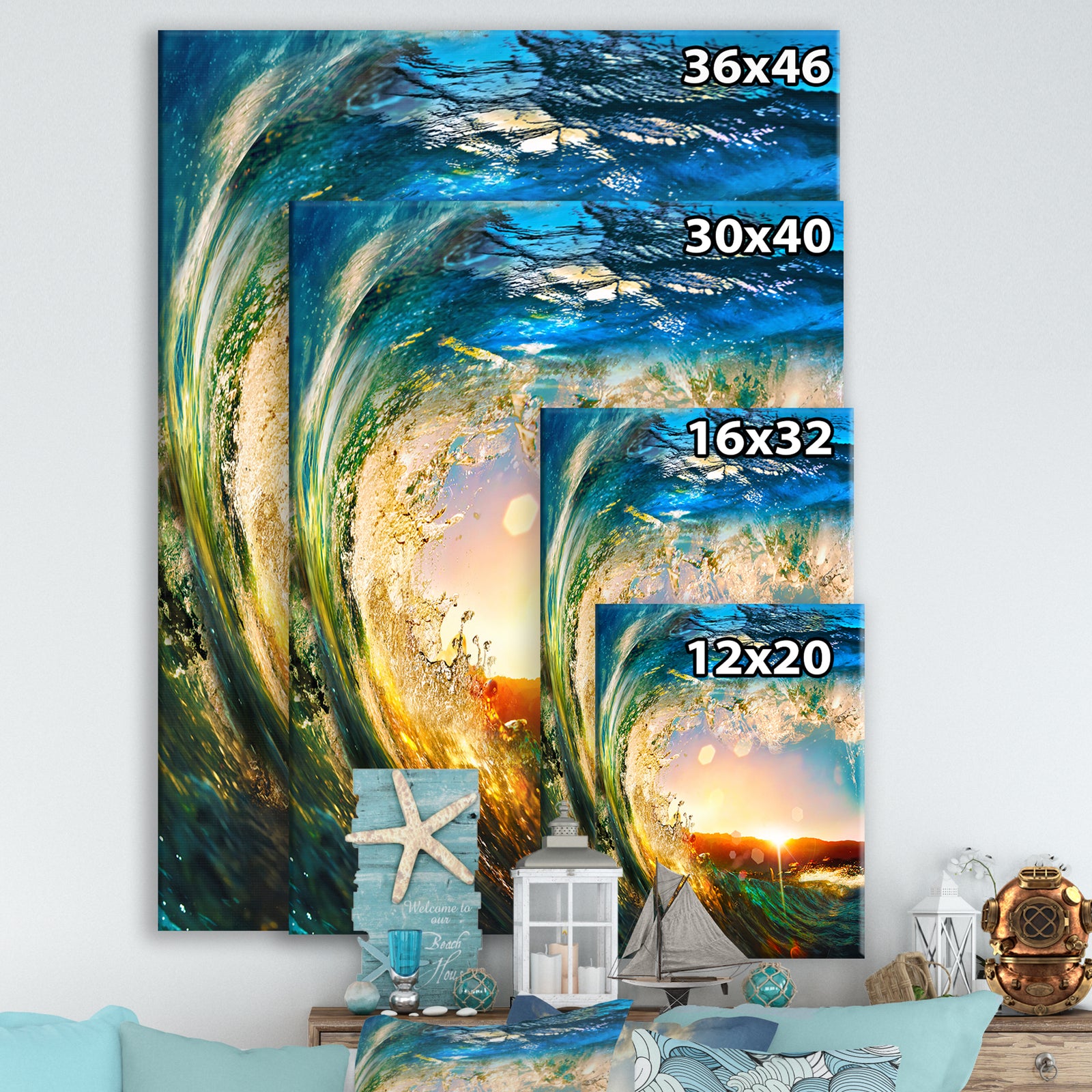 Colored Ocean Waves Falling Down - Modern Seashore Canvas Art
